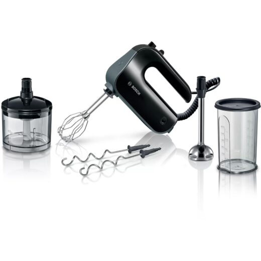 Mixer de mână BOSCH Styline MFQ4980B  850W (5 trepte și Turbo)  Palete FineCreamer inox  Spirale inox  Picior blender  Vas mixare  Tăietor universal  Mâner soft touch  Cablu extensibil 140cm  G1.2kg  65dBA