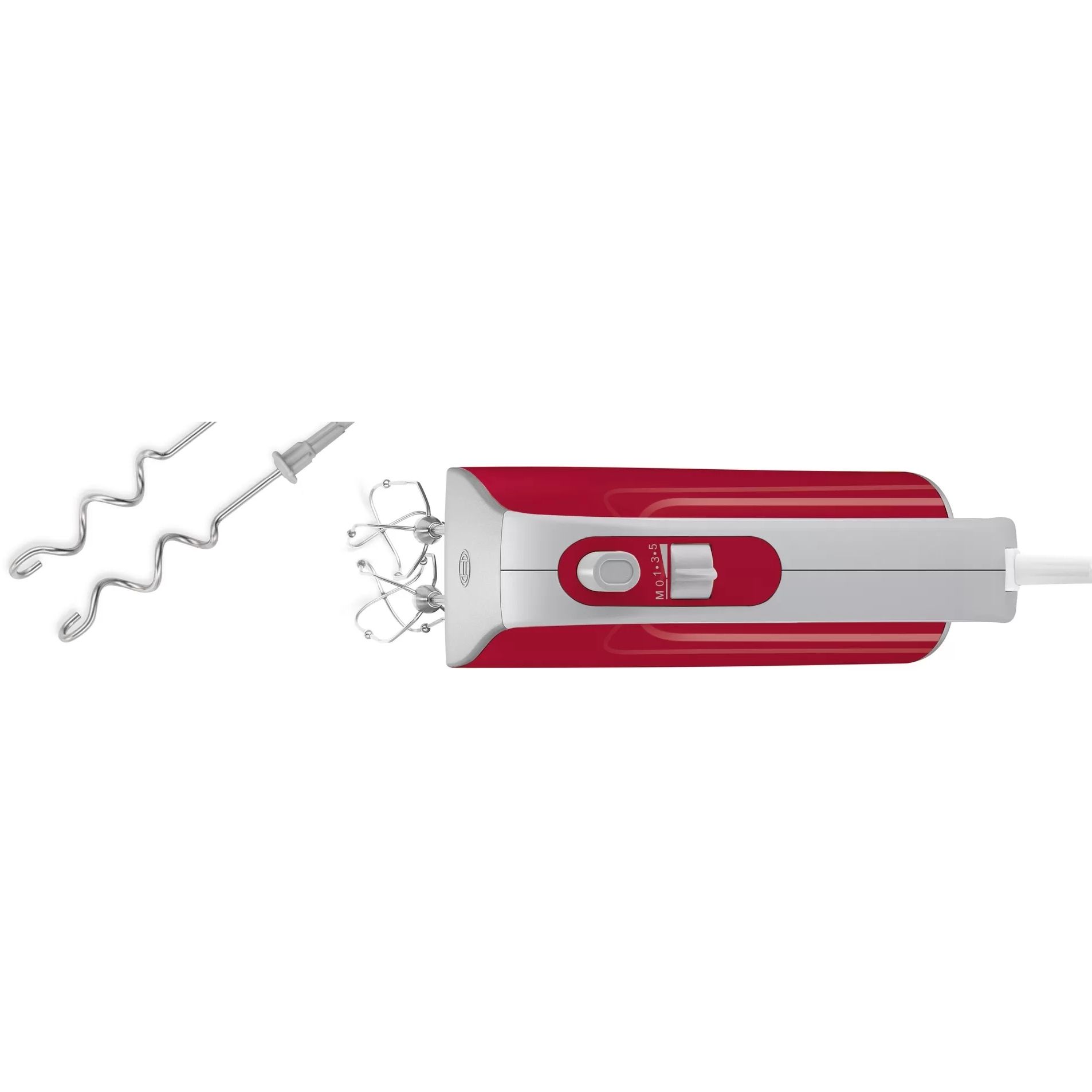Mixer de mână BOSCH Styline MFQ40303, 500W, Două palete FineCreamer din inox, 5 trepte de putere și funcție Turbo, Lavabil în mașina de spălat vase, Mâner Soft Touch, 2 spirale din oțel inoxidabil, Roșu/Gri