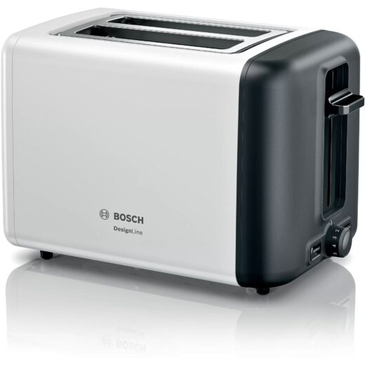Prăjitor de pâine BOSCH DesignLine TAT3P421  970W  2 sloturi  Dezghețare  Încălzire  Grătar chifle  High Lift  Buton STOP  Senzor electronic pentru prăjire uniformă  Alb