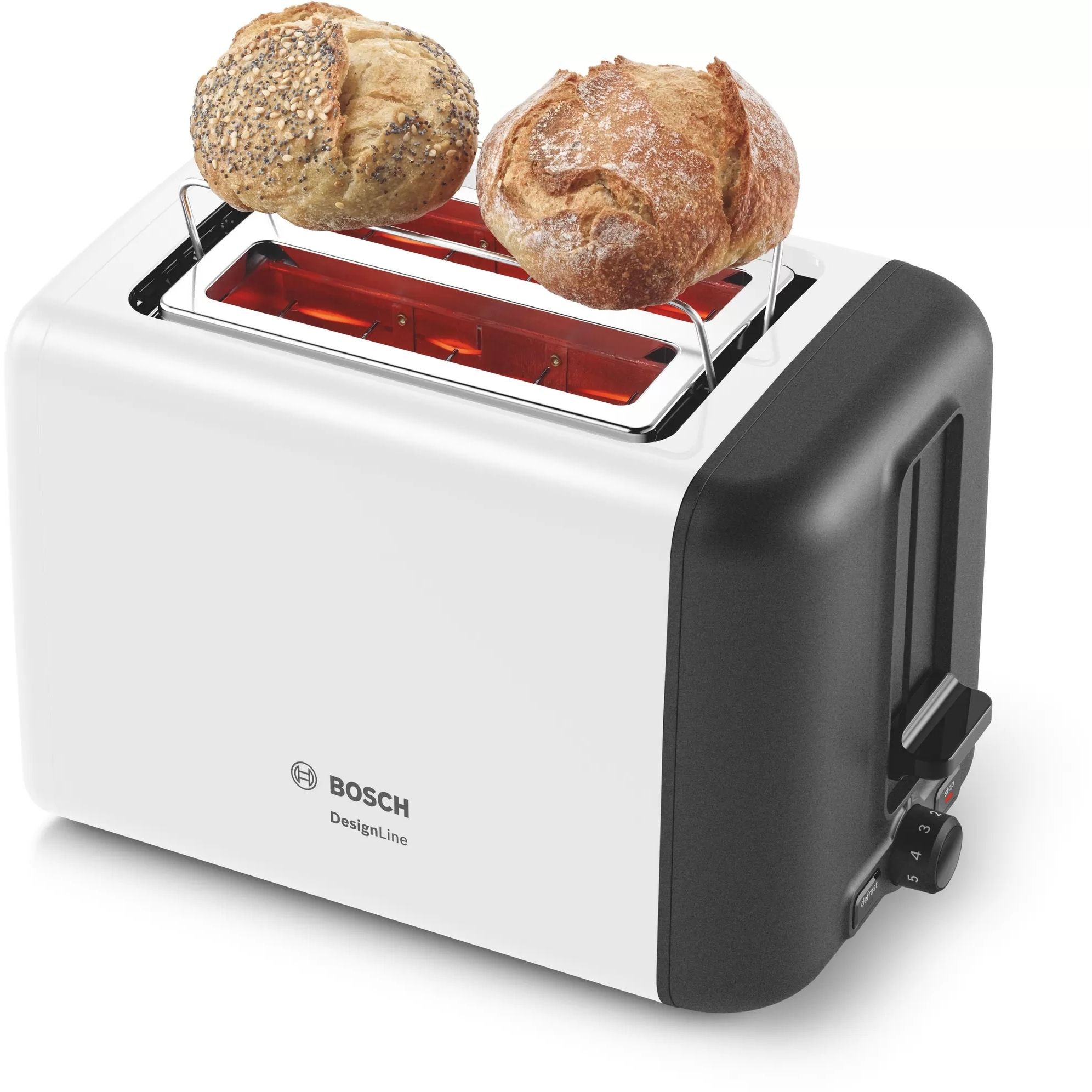 Prăjitor de pâine BOSCH DesignLine TAT3P421, 970W, 2 sloturi, Dezghețare, Încălzire, Grătar chifle, High Lift, Buton STOP, Senzor electronic pentru prăjire uniformă, Alb