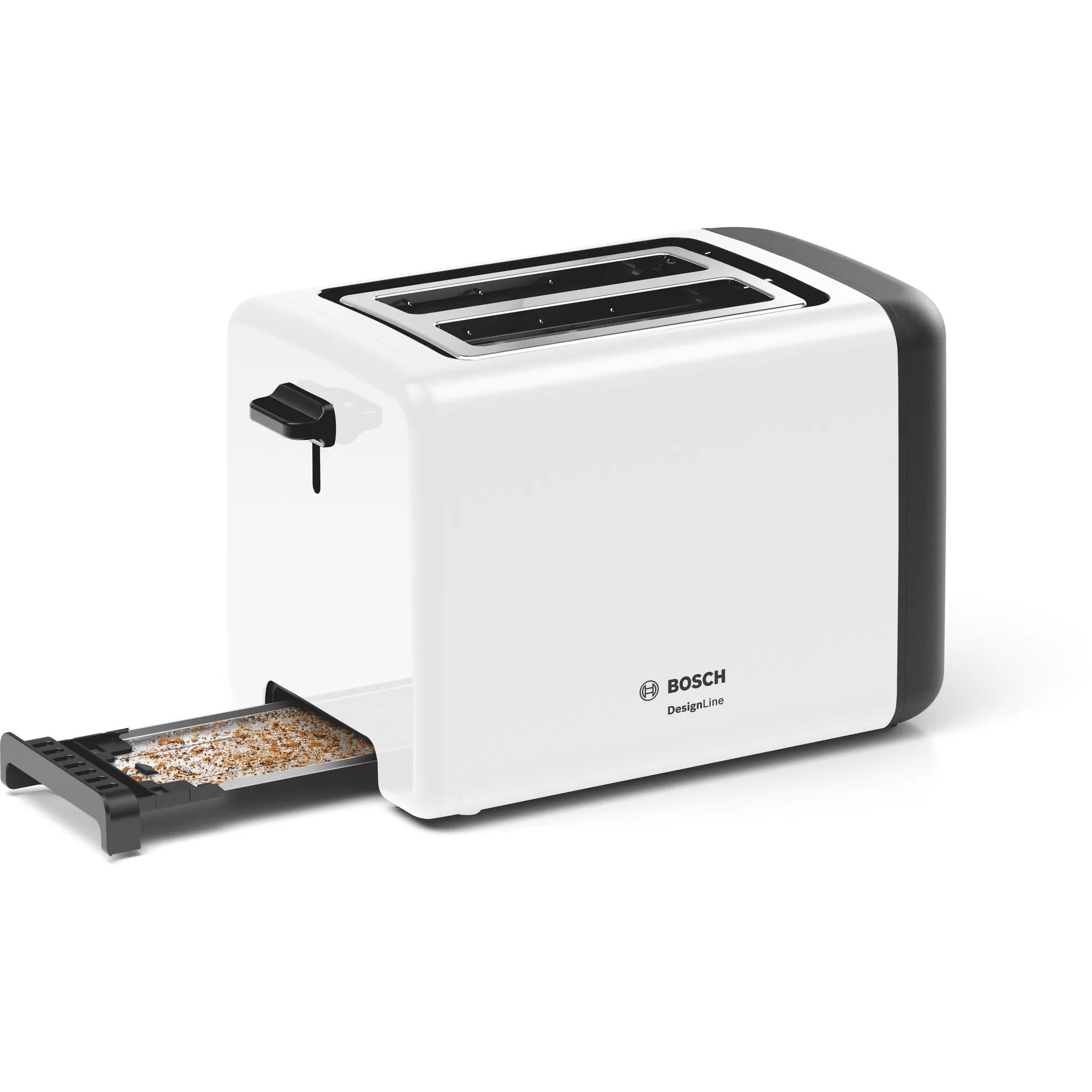 Prăjitor de pâine BOSCH DesignLine TAT3P421, 970W, 2 sloturi, Dezghețare, Încălzire, Grătar chifle, High Lift, Buton STOP, Senzor electronic pentru prăjire uniformă, Alb