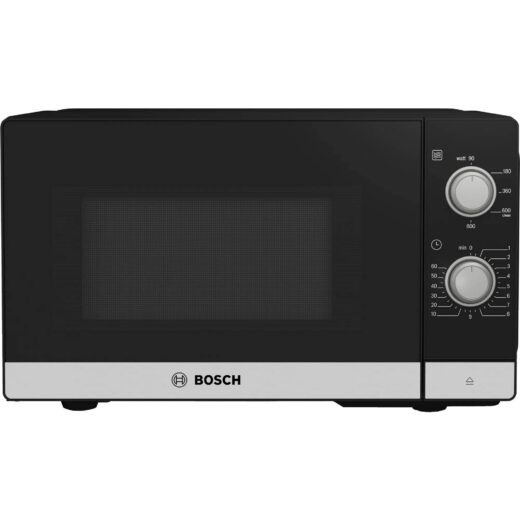 Cuptor cu microunde BOSCH Seria 2 FFL020MS2  44x26cm  1270W (mw 800W în 5 trepte)  20l  1.27kW  Platou rotativ din sticlă 27cm  Curățare ușoară  Balamale stânga  Iluminare cu LED  Inox