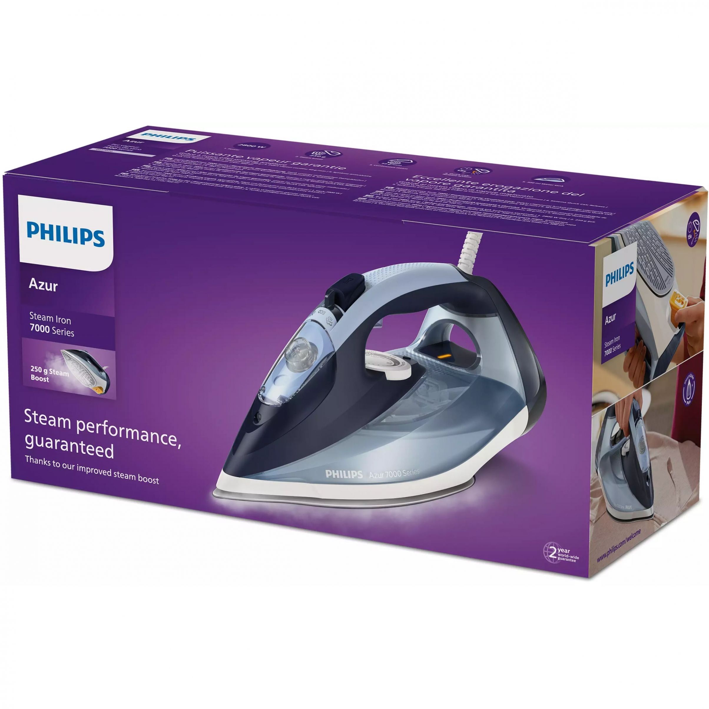 Fier de călcat cu abur Philips Azur Seria 7000 DST7020/20, 2800W, Continuu 50g/min, Jet 250g, Rezervor 300ml, Talpă SteamGlide Plus, C2m, G1.67kg, Cotton Blue