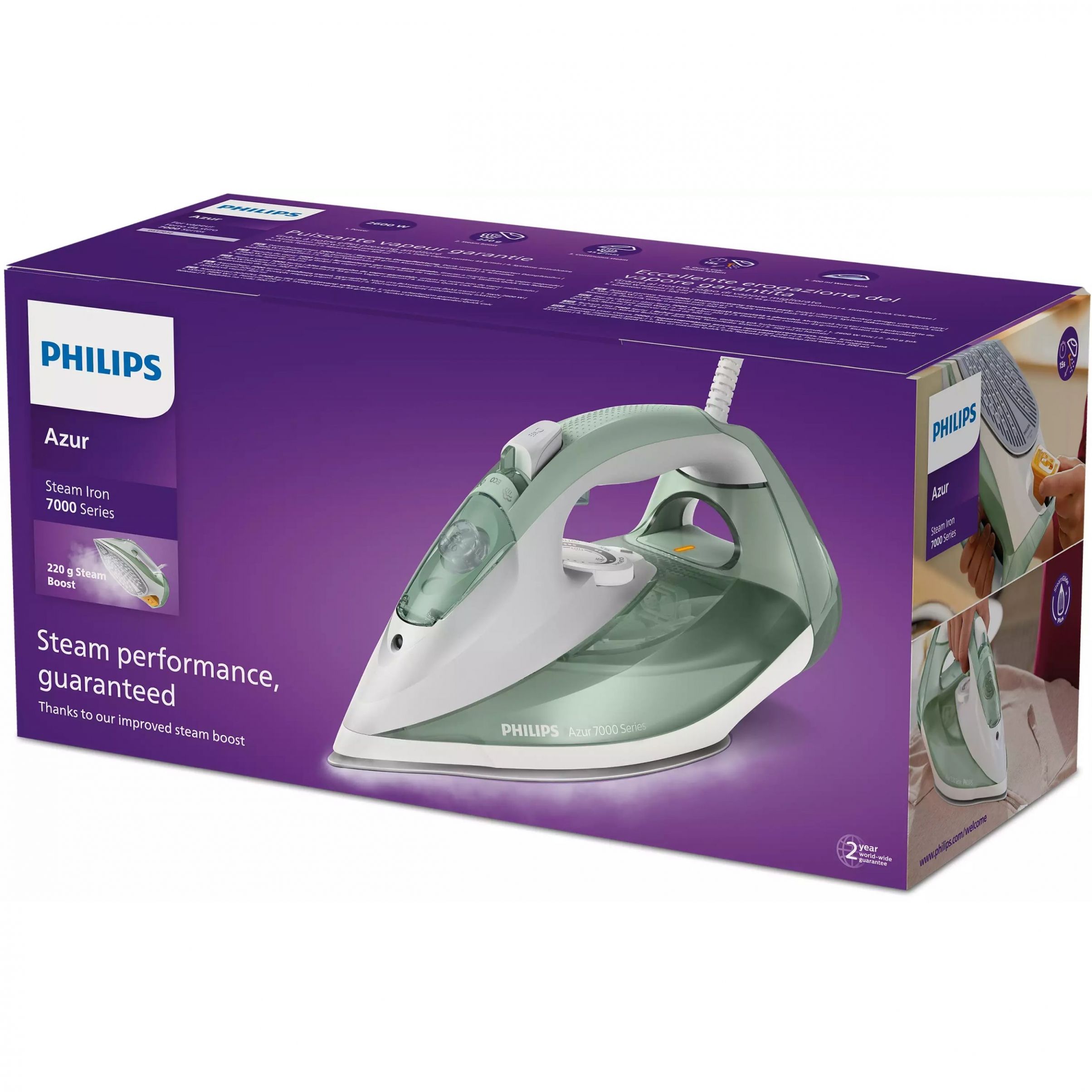 Fier de călcat cu abur Philips Azur Seria 7000 DST7012/70, 2600W, Continuu 45g/min, Jet 220g, Rezervor 300ml, Talpă SteamGlide Plus, C2m, G1.67kg, Desert Green