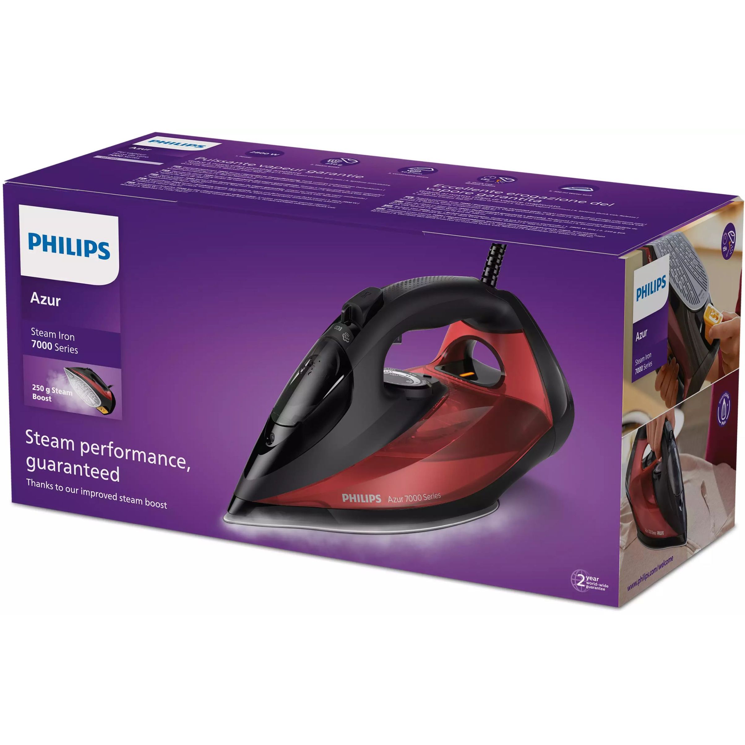 Fier de călcat cu abur Philips Azur Seria 7000 DST7022/40, 2800W, Continuu 50g/min, Jet 250g, Rezervor 300ml, Talpă SteamGlide Plus, C2m, G1.67kg, Black and Red