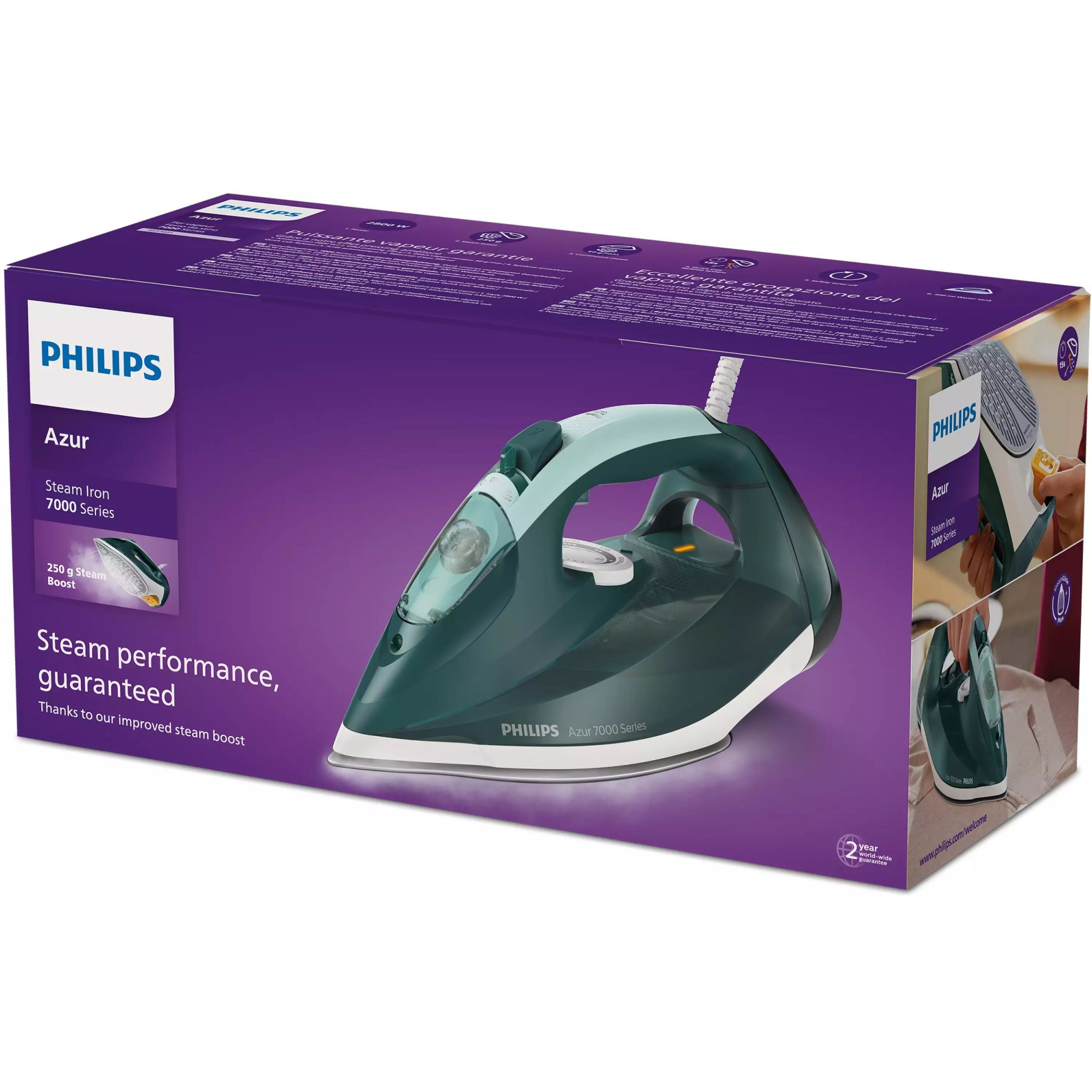 Fier de călcat cu abur Philips Azur Seria 7000 DST7031/70, 2800W, Continuu 50g/min, Jet 250g, Rezervor 300ml, Talpă SteamGlide Plus, Oprire automată, C2m, G1.82kg, Mint Opal Green