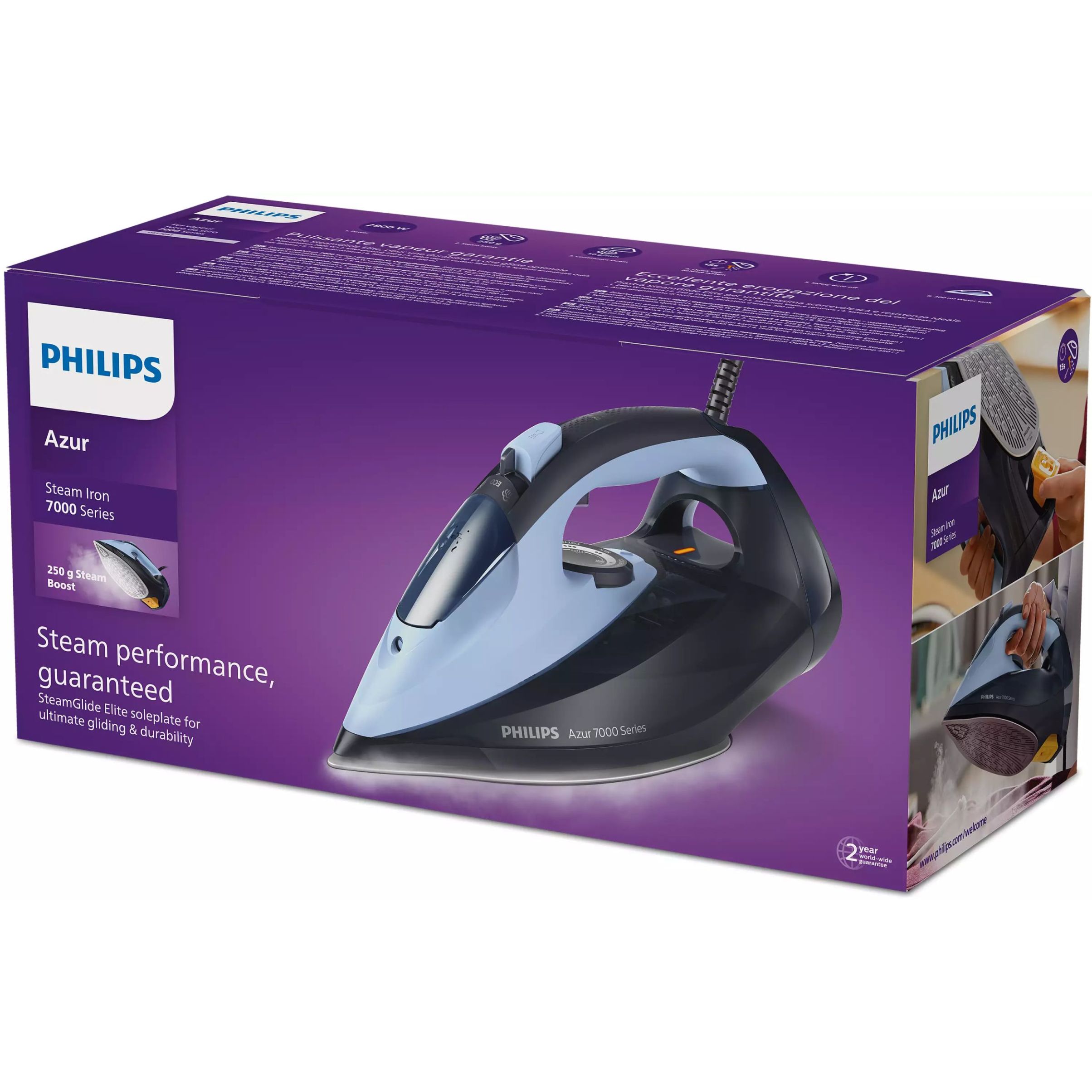 Fier de călcat cu abur Philips Azur Seria 7000 DST7041/20, 2800W, Continuu 50g/min, Jet 250g, Rezervor 300ml, Talpă SteamGlide Elite, Oprire automată, C2m, G1.82kg, Light and Dark Blue