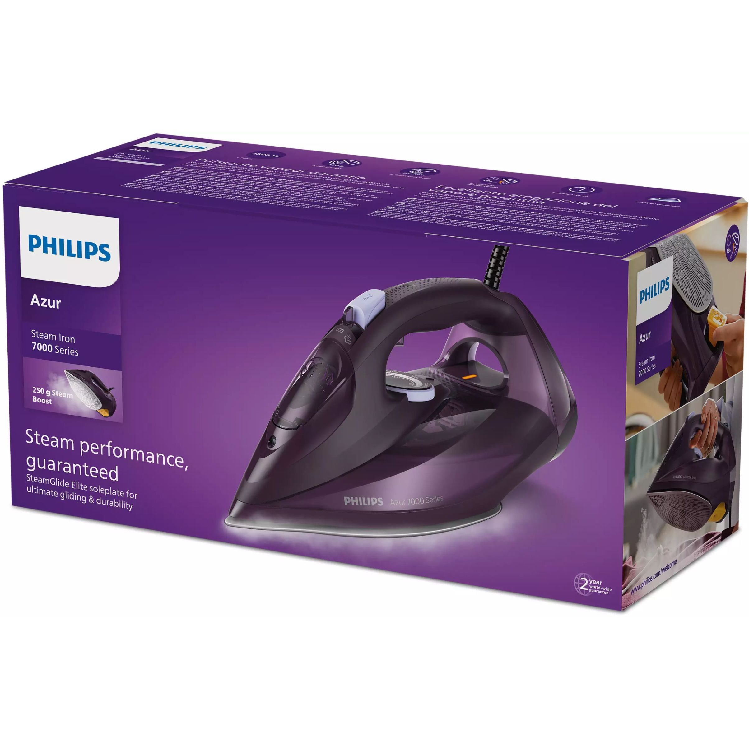 Fier de călcat cu abur Philips Azur Seria 7000 DST7051/30, 2800W, Continuu 50g/min, Jet 250g, Rezervor 300ml, Talpă SteamGlide Elite, Oprire automată, C2m, G1.82kg, Dark Violet