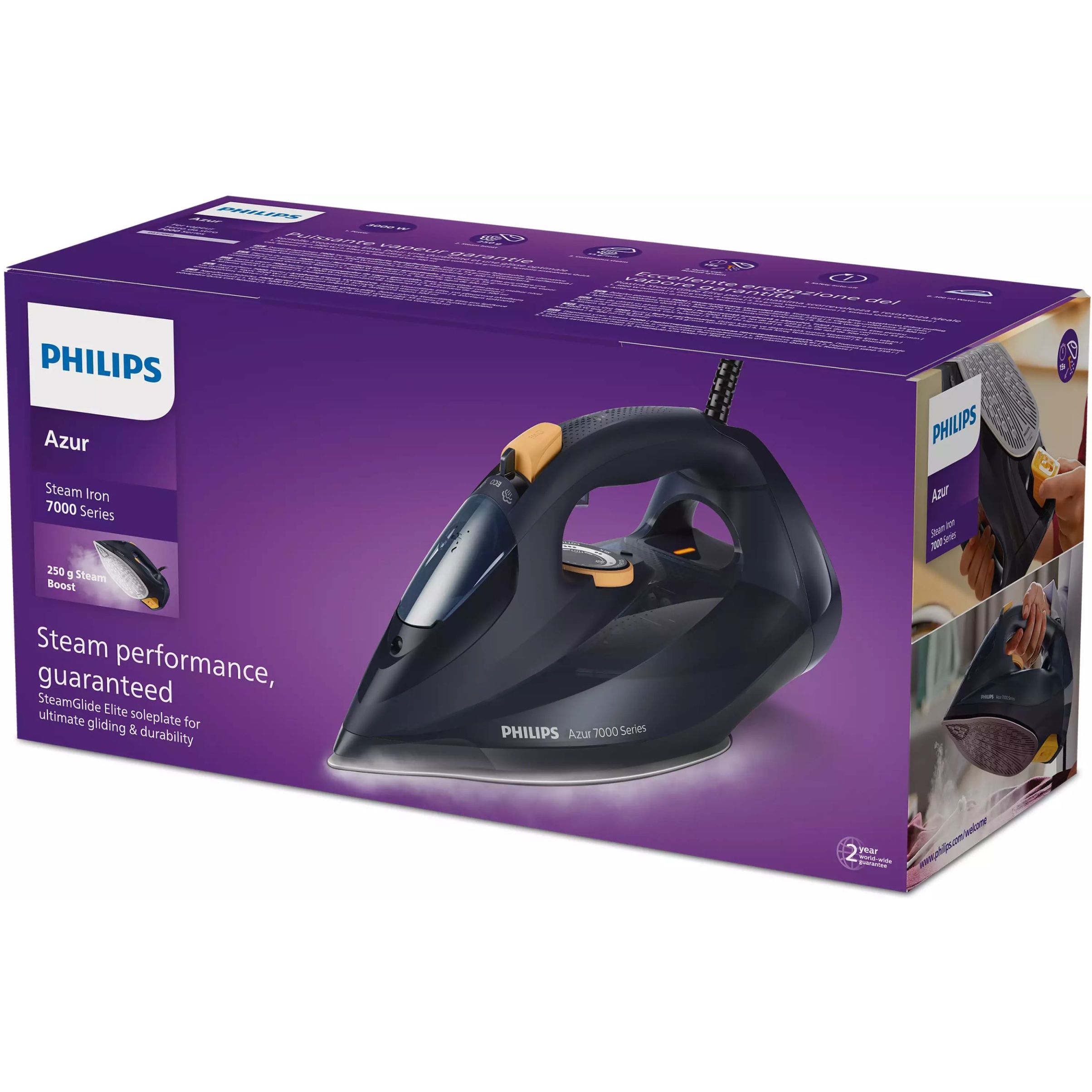 Fier de călcat cu abur Philips Azur Seria 7000 DST7060/20, 3000W, Continuu 55g/min, Jet 250g, Rezervor 300ml, Talpă SteamGlide Elite, Oprire automată, C2m, G1.82kg, Blue and Yellow