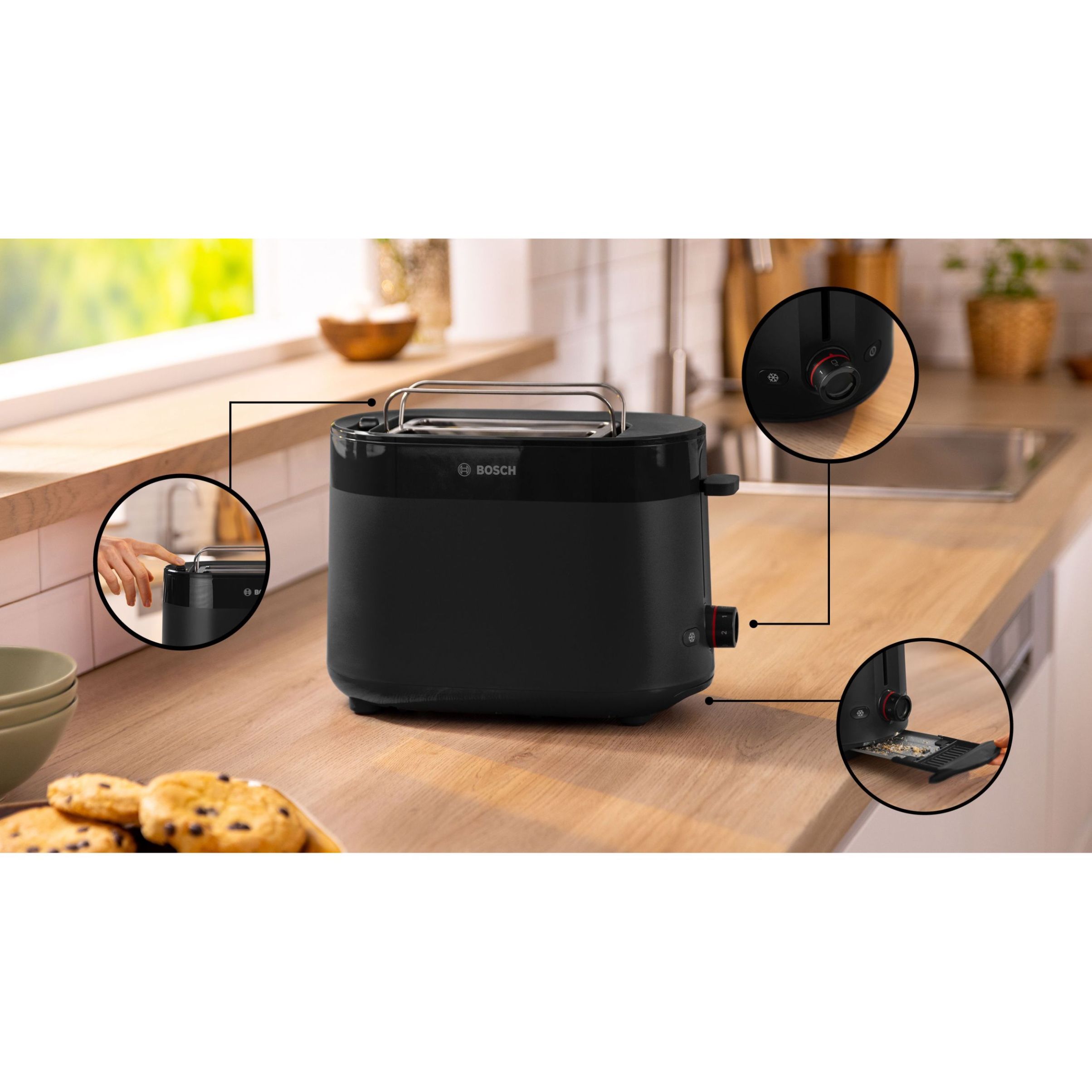 Prăjitor de pâine BOSCH MyMoment TAT2M123, 2 sloturi, Dezghețare, Încălzire, Grătar chifle, High Lift, Negru
