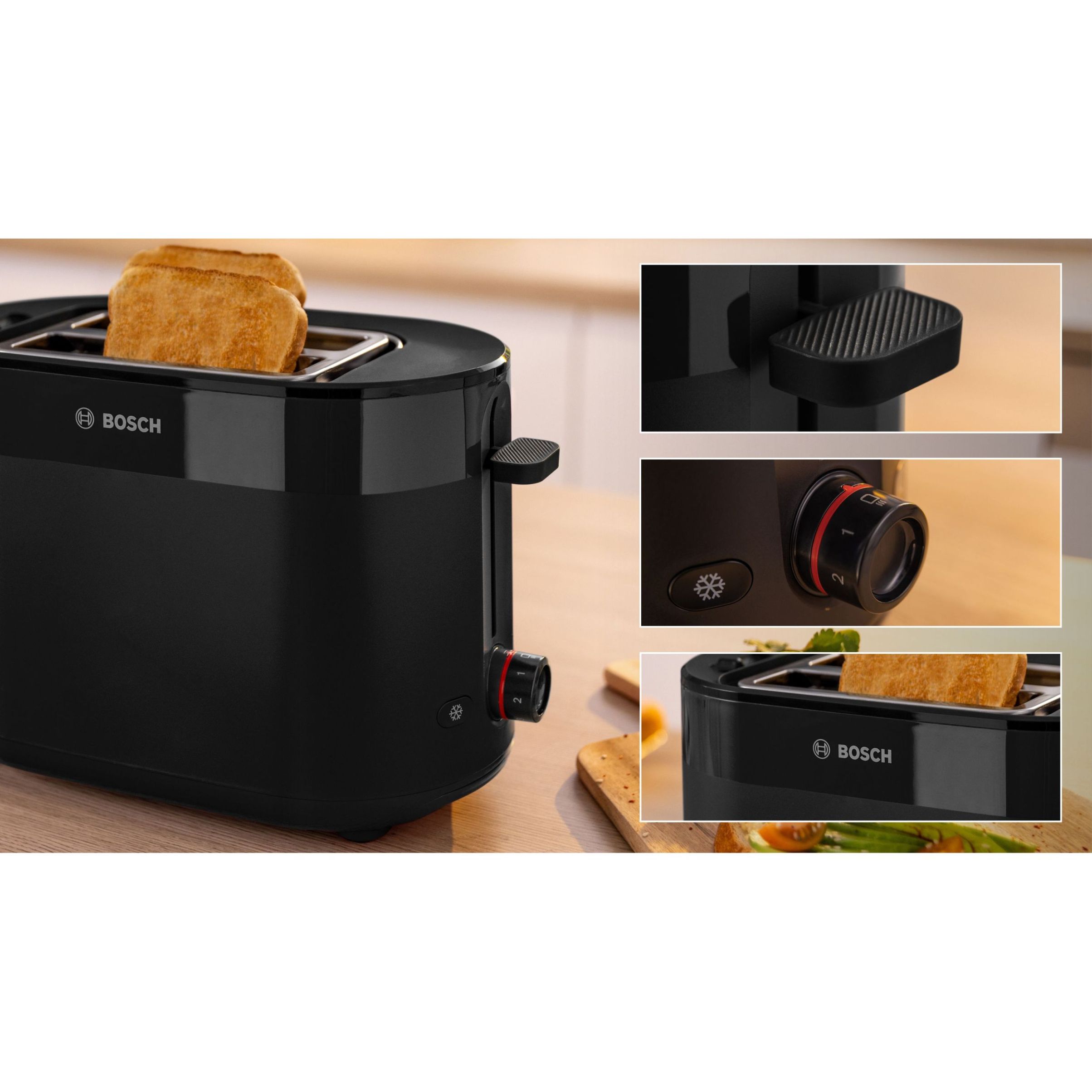 Prăjitor de pâine BOSCH MyMoment TAT2M123, 2 sloturi, Dezghețare, Încălzire, Grătar chifle, High Lift, Negru