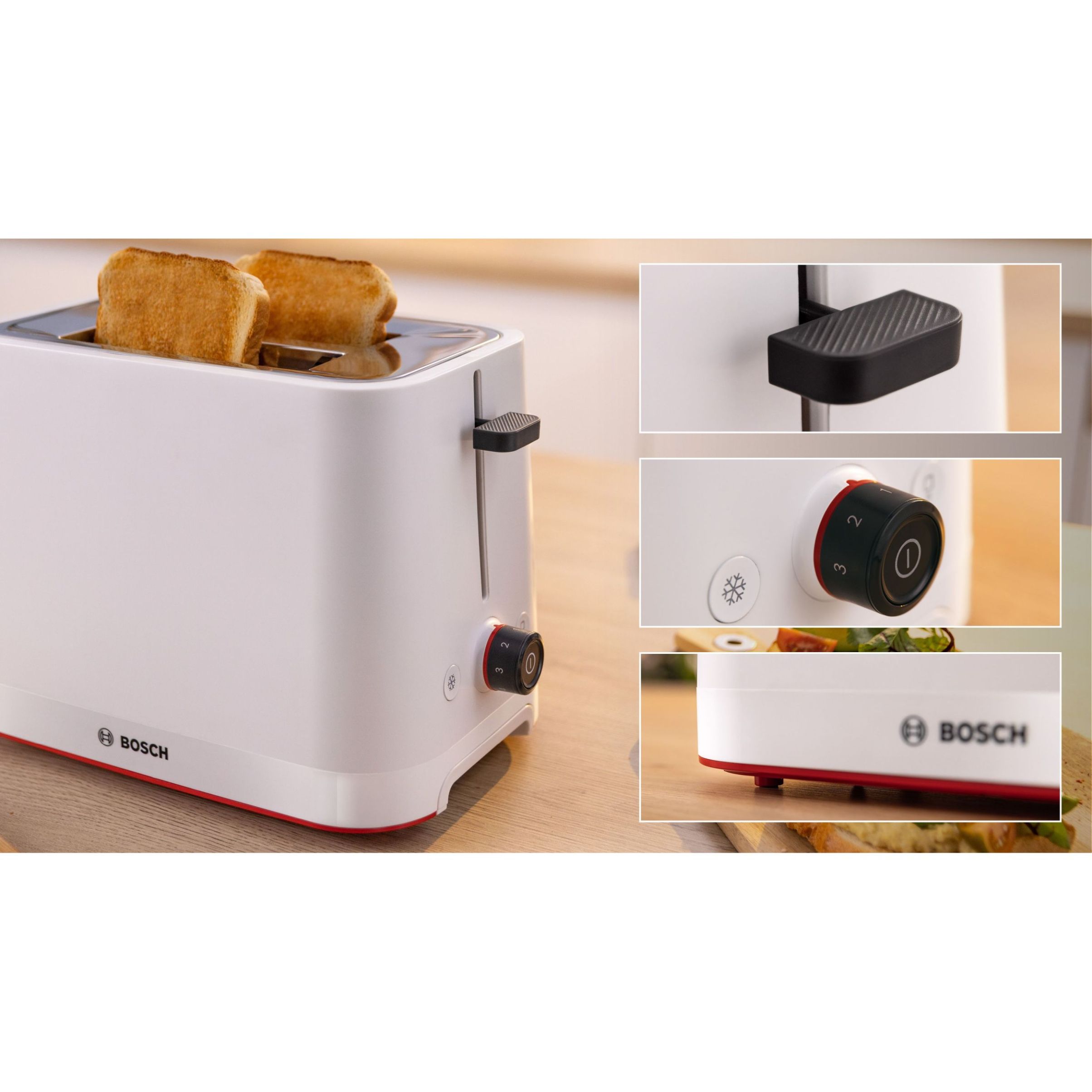 Prăjitor pâine compact BOSCH MyMoment TAT3M121, 2 sloturi, Dezghețare, Încălzire, High Lift, Alb