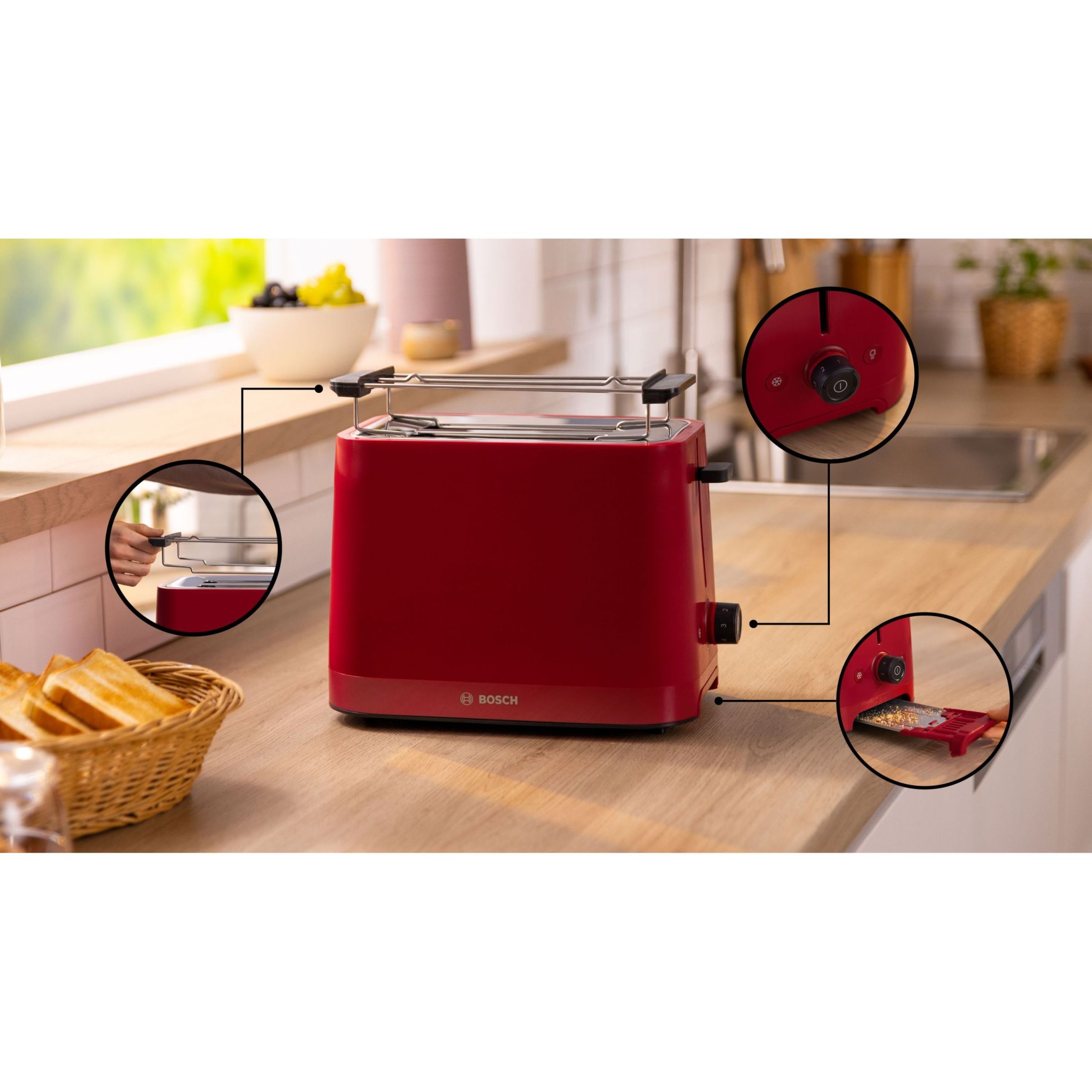 Prăjitor pâine compact BOSCH MyMoment TAT3M124, 2 sloturi, Dezghețare, Încălzire, High Lift, Roșu