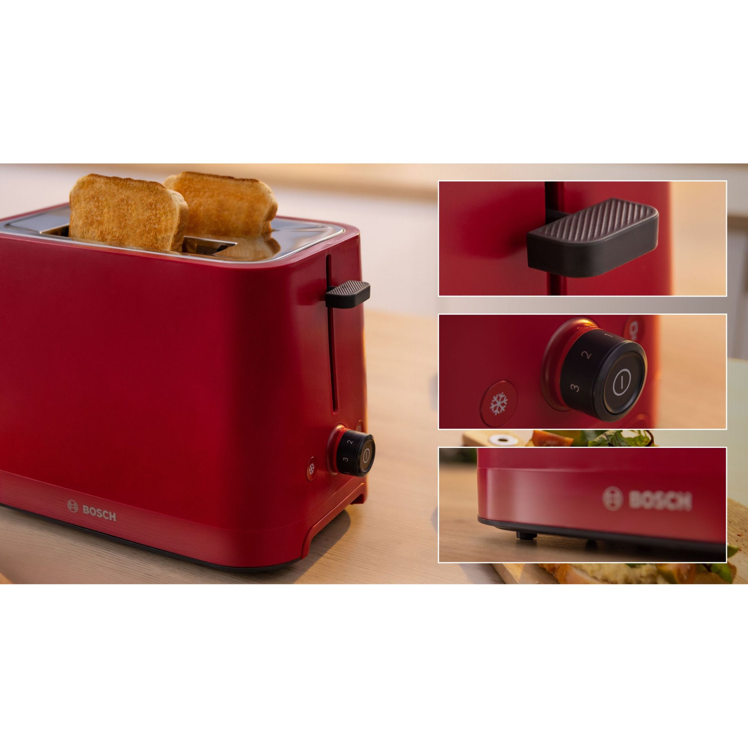 Prăjitor pâine compact BOSCH MyMoment TAT3M124, 2 sloturi, Dezghețare, Încălzire, High Lift, Roșu
