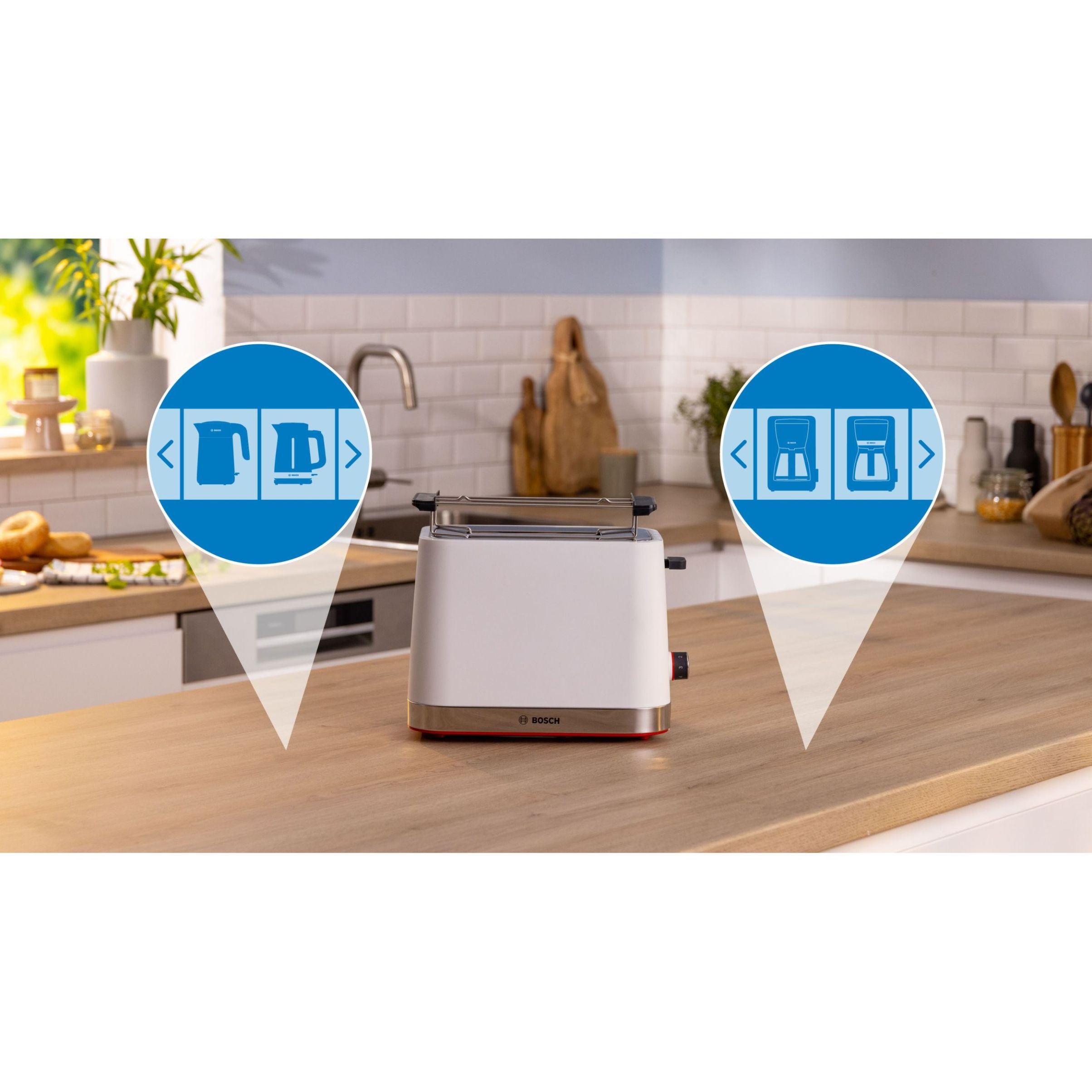 Prăjitor pâine compact BOSCH MyMoment TAT4M221, 2 sloturi, Dezghețare, Încălzire, High Lift, Alb