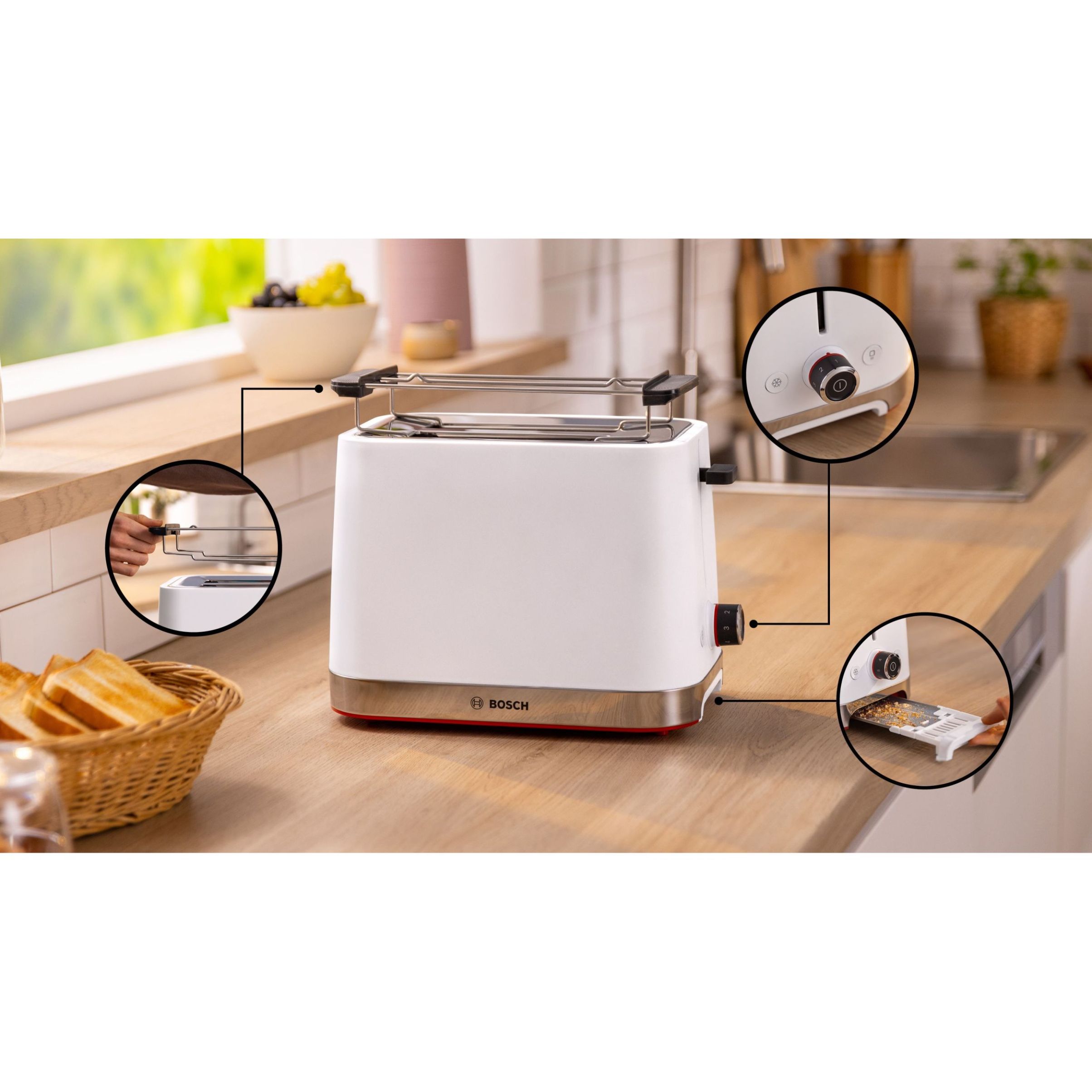 Prăjitor pâine compact BOSCH MyMoment TAT4M221, 2 sloturi, Dezghețare, Încălzire, High Lift, Alb