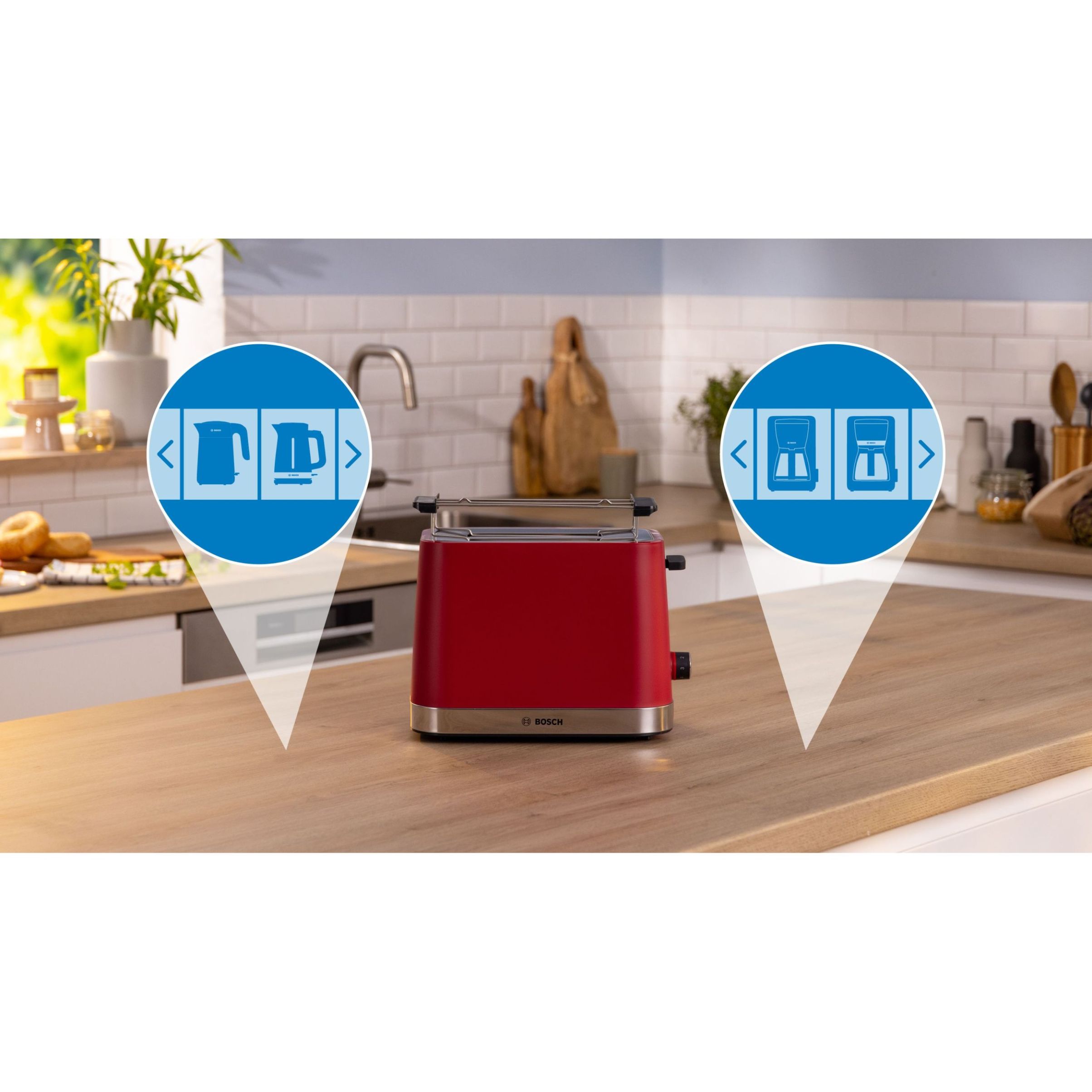 Prăjitor pâine compact BOSCH MyMoment TAT4M224, 2 sloturi, Dezghețare, Încălzire, High Lift, Roșu