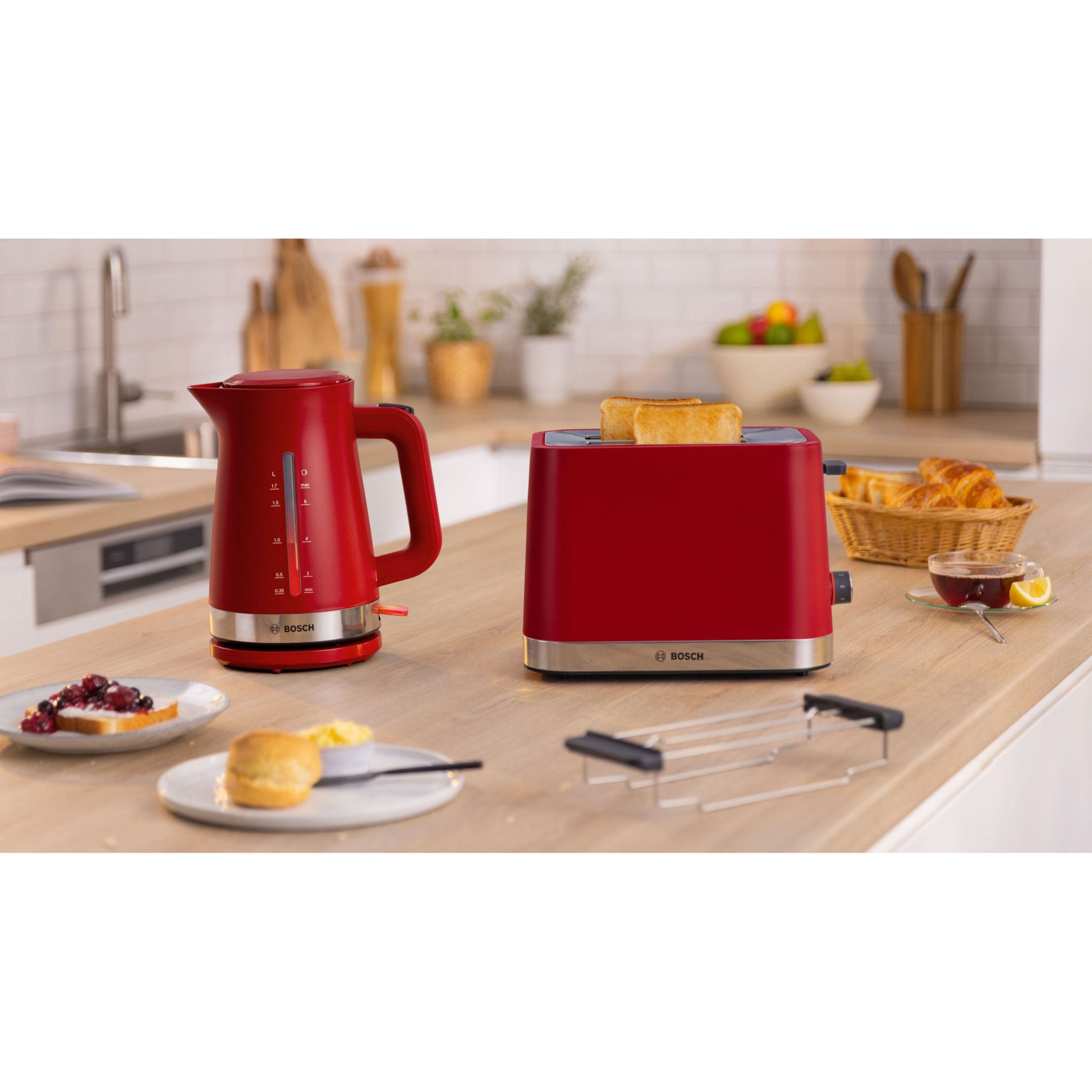 Prăjitor pâine compact BOSCH MyMoment TAT4M224, 2 sloturi, Dezghețare, Încălzire, High Lift, Roșu