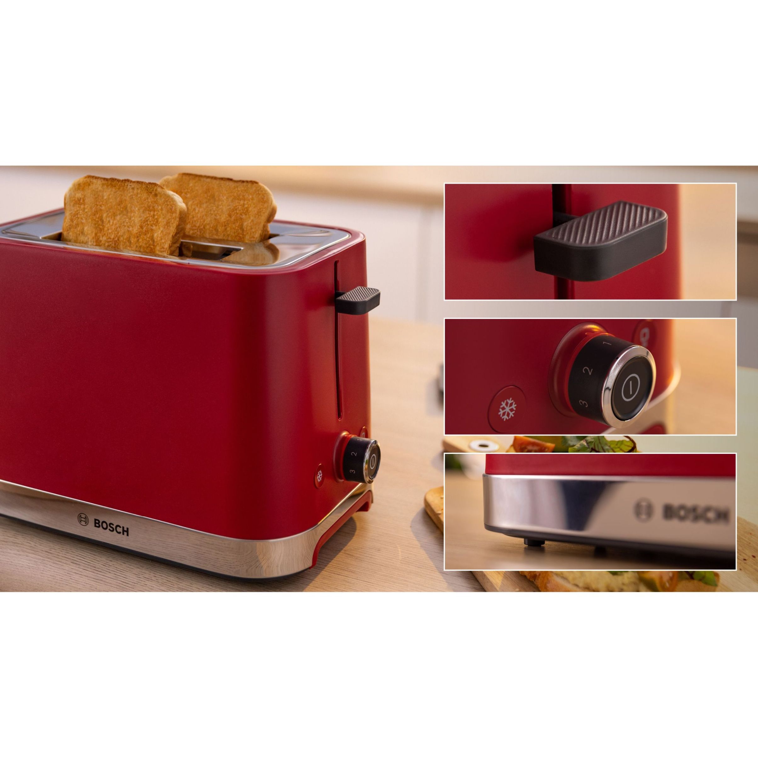 Prăjitor pâine compact BOSCH MyMoment TAT4M224, 2 sloturi, Dezghețare, Încălzire, High Lift, Roșu