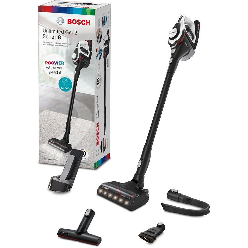 Aspirator vertical BOSCH Serie 8 Gen2 Unlimited BBS8214, TurboSpin (3 trepte, Turbo), Acumulator Li-Ion 18V 4A, Praf 0.40l, Perie LED AllFloor HighPower, G3.10kg, Polar White