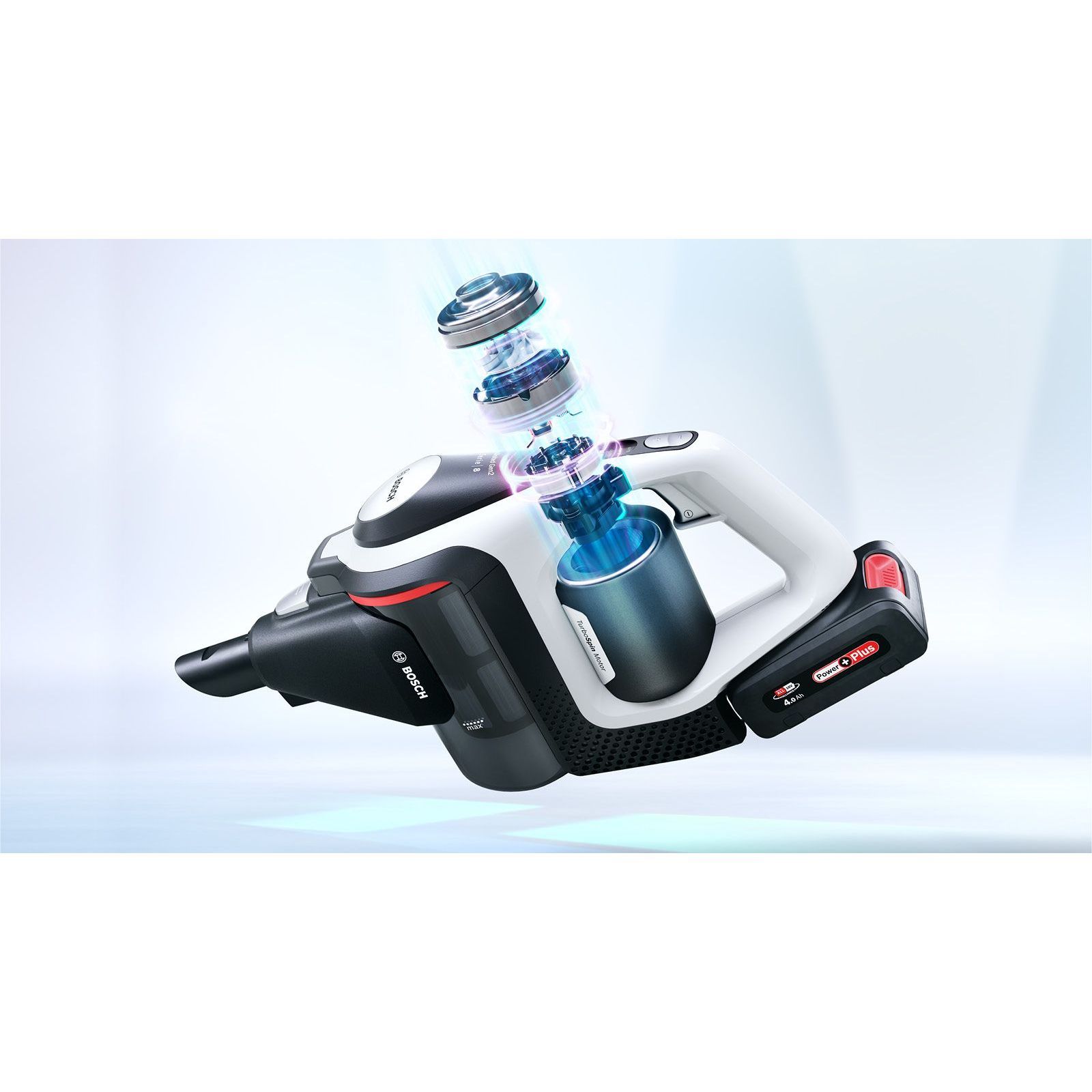 Aspirator vertical BOSCH Serie 8 Gen2 Unlimited BBS8214, TurboSpin (3 trepte, Turbo), Acumulator Li-Ion 18V 4A, Praf 0.40l, Perie LED AllFloor HighPower, G3.10kg, Polar White