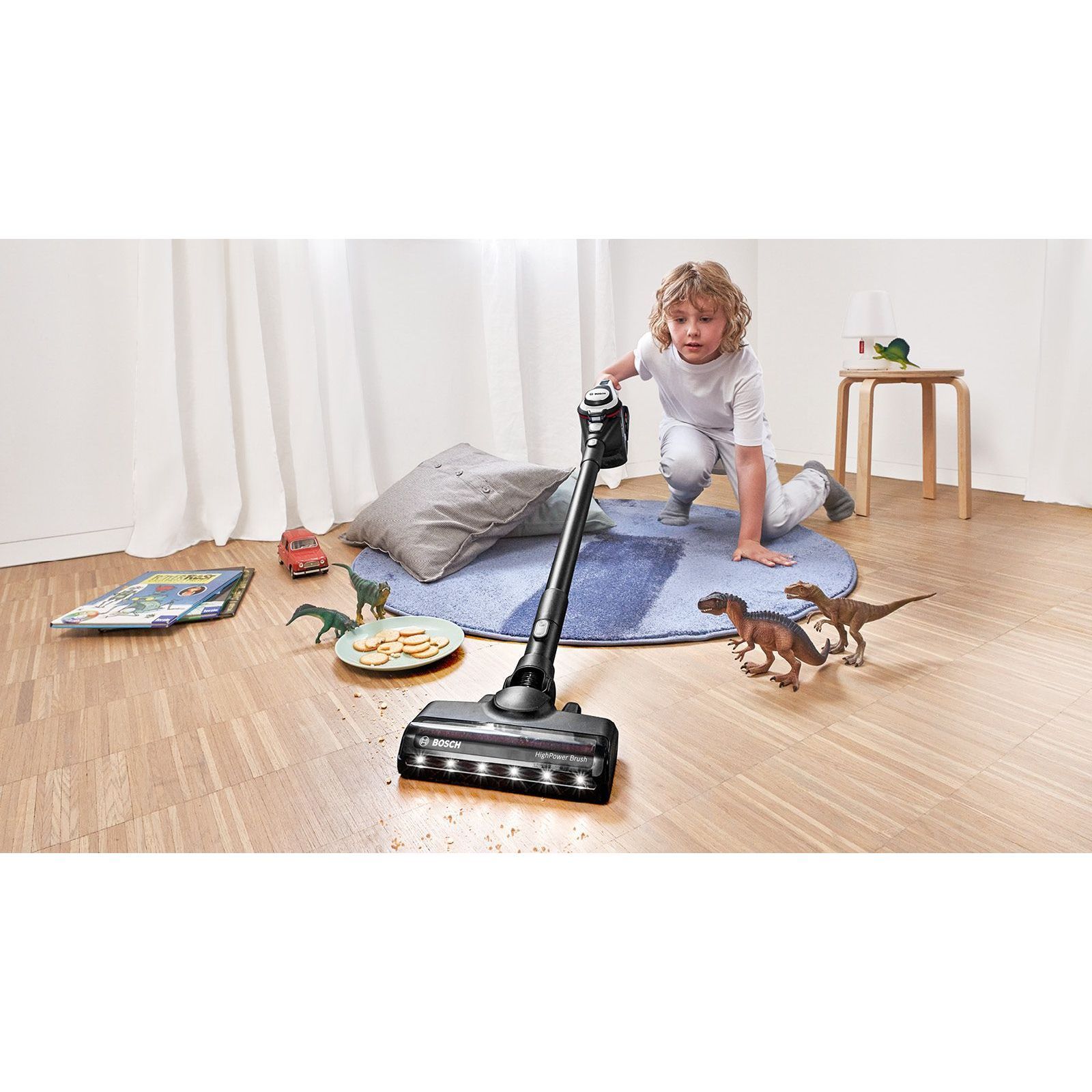 Aspirator vertical BOSCH Serie 8 Gen2 Unlimited BBS8214, TurboSpin (3 trepte, Turbo), Acumulator Li-Ion 18V 4A, Praf 0.40l, Perie LED AllFloor HighPower, G3.10kg, Polar White