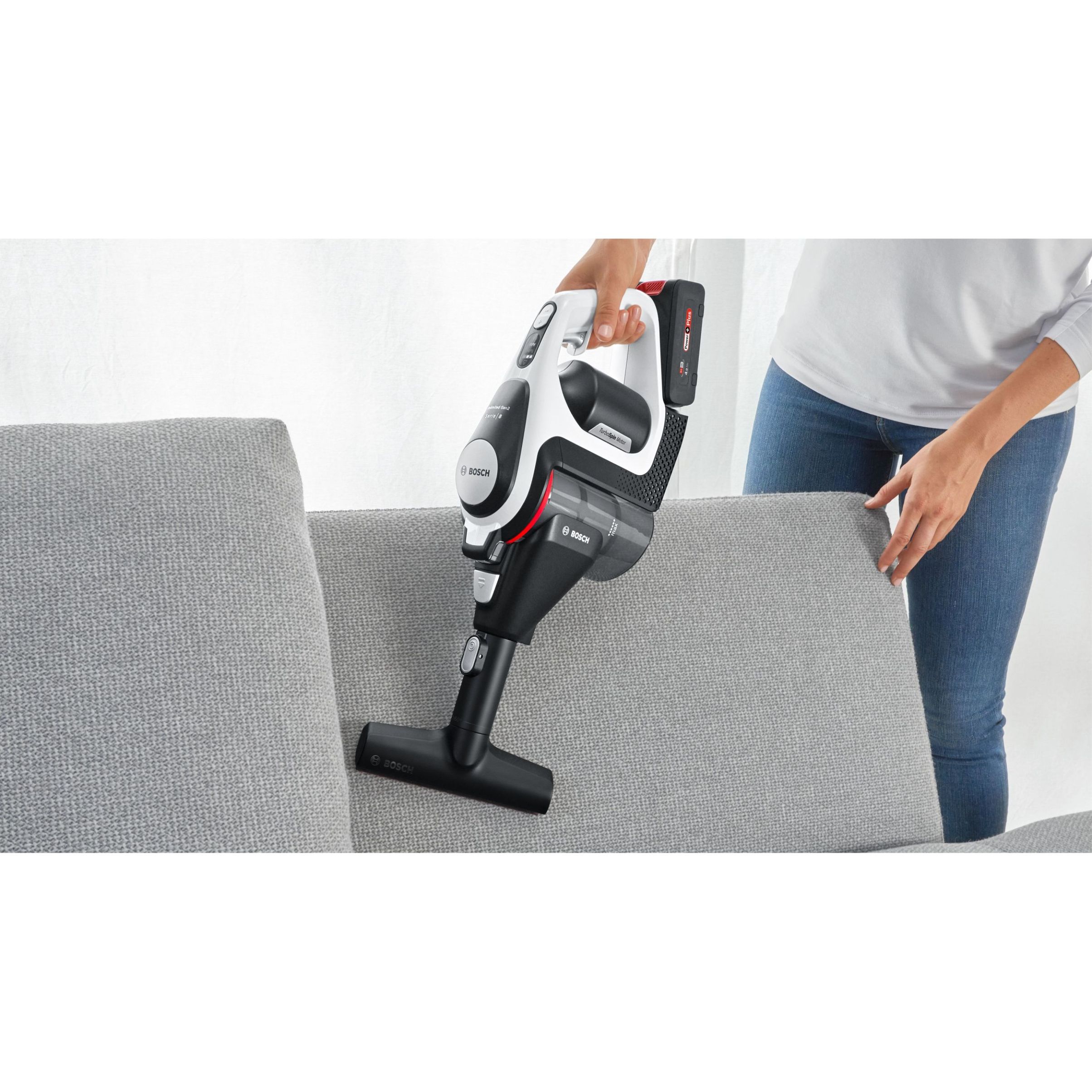Aspirator vertical BOSCH Serie 8 Gen2 Unlimited BBS8214, TurboSpin (3 trepte, Turbo), Acumulator Li-Ion 18V 4A, Praf 0.40l, Perie LED AllFloor HighPower, G3.10kg, Polar White