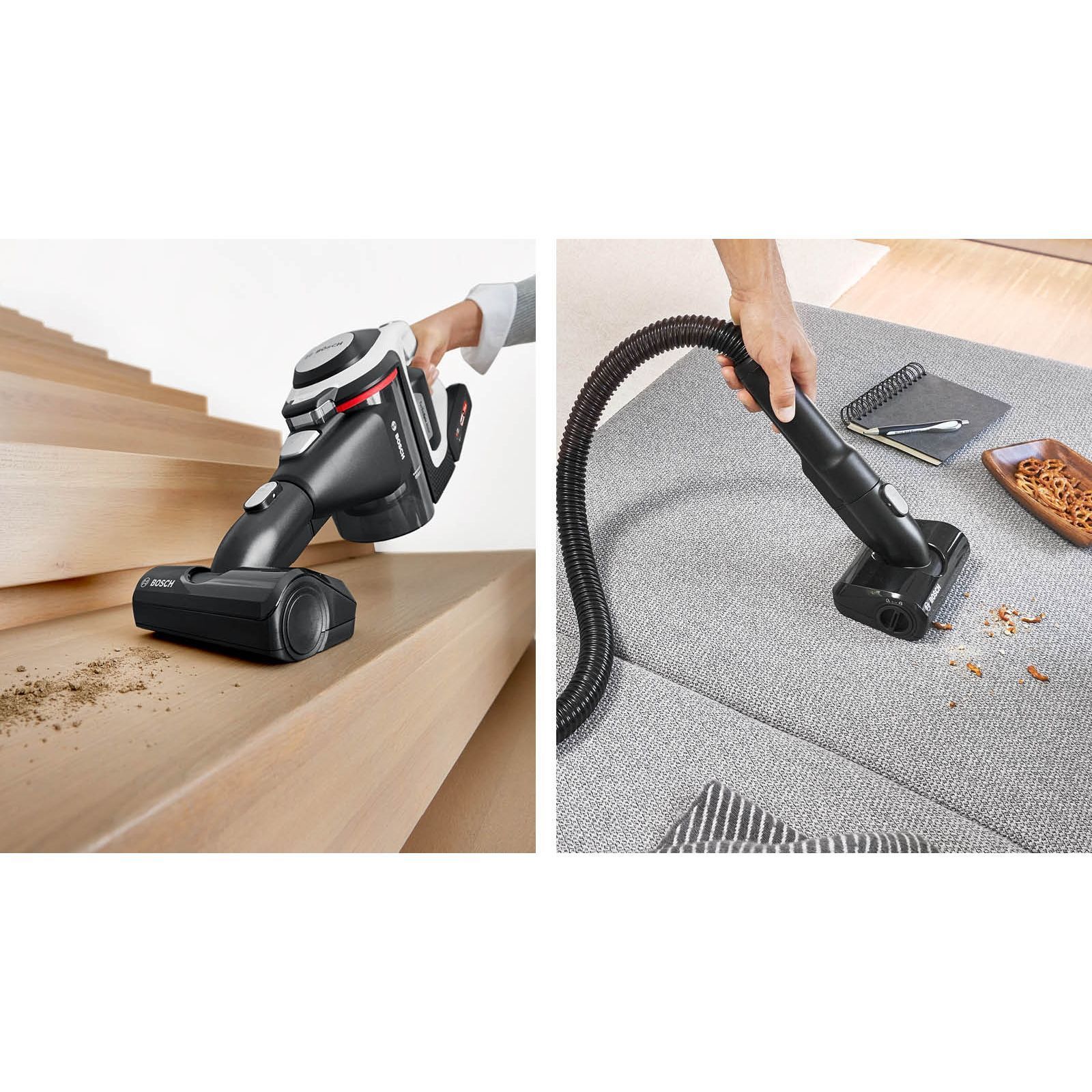 Aspirator vertical BOSCH Serie 8 Gen2 Unlimited BBS8214, TurboSpin (3 trepte, Turbo), Acumulator Li-Ion 18V 4A, Praf 0.40l, Perie LED AllFloor HighPower, G3.10kg, Polar White