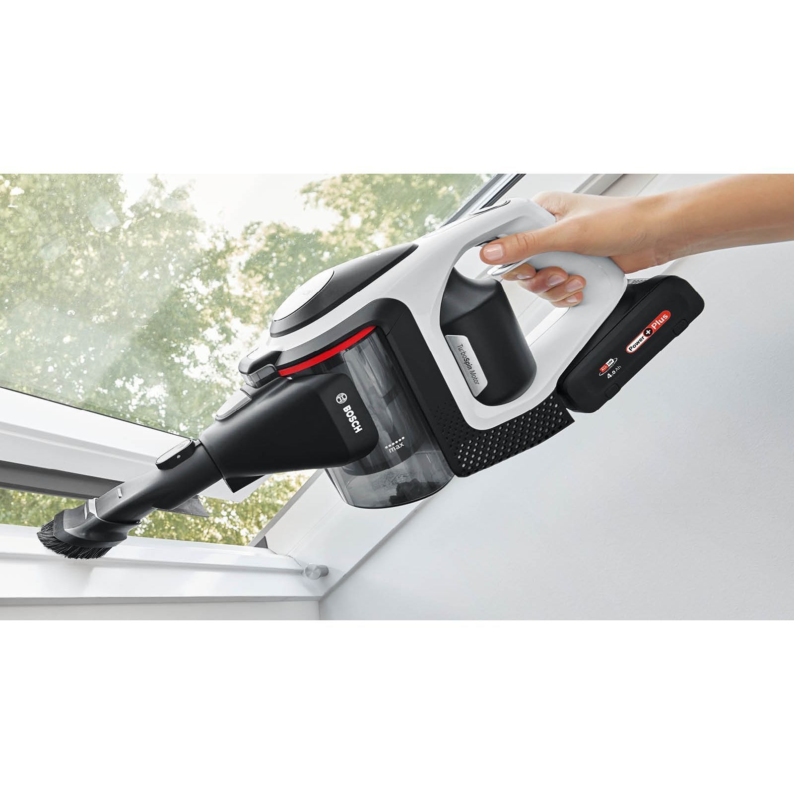 Aspirator vertical BOSCH Serie 8 Gen2 Unlimited BBS8214, TurboSpin (3 trepte, Turbo), Acumulator Li-Ion 18V 4A, Praf 0.40l, Perie LED AllFloor HighPower, G3.10kg, Polar White