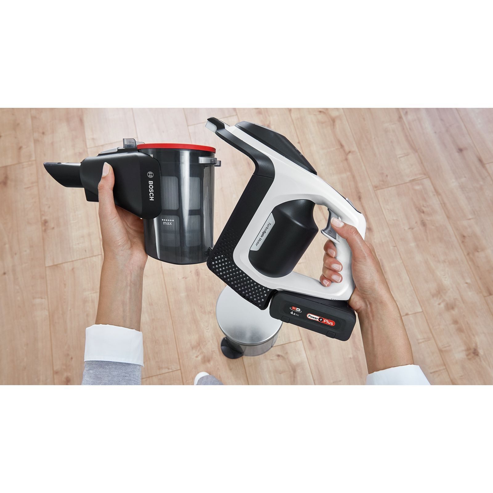 Aspirator vertical BOSCH Serie 8 Gen2 Unlimited BBS8214, TurboSpin (3 trepte, Turbo), Acumulator Li-Ion 18V 4A, Praf 0.40l, Perie LED AllFloor HighPower, G3.10kg, Polar White