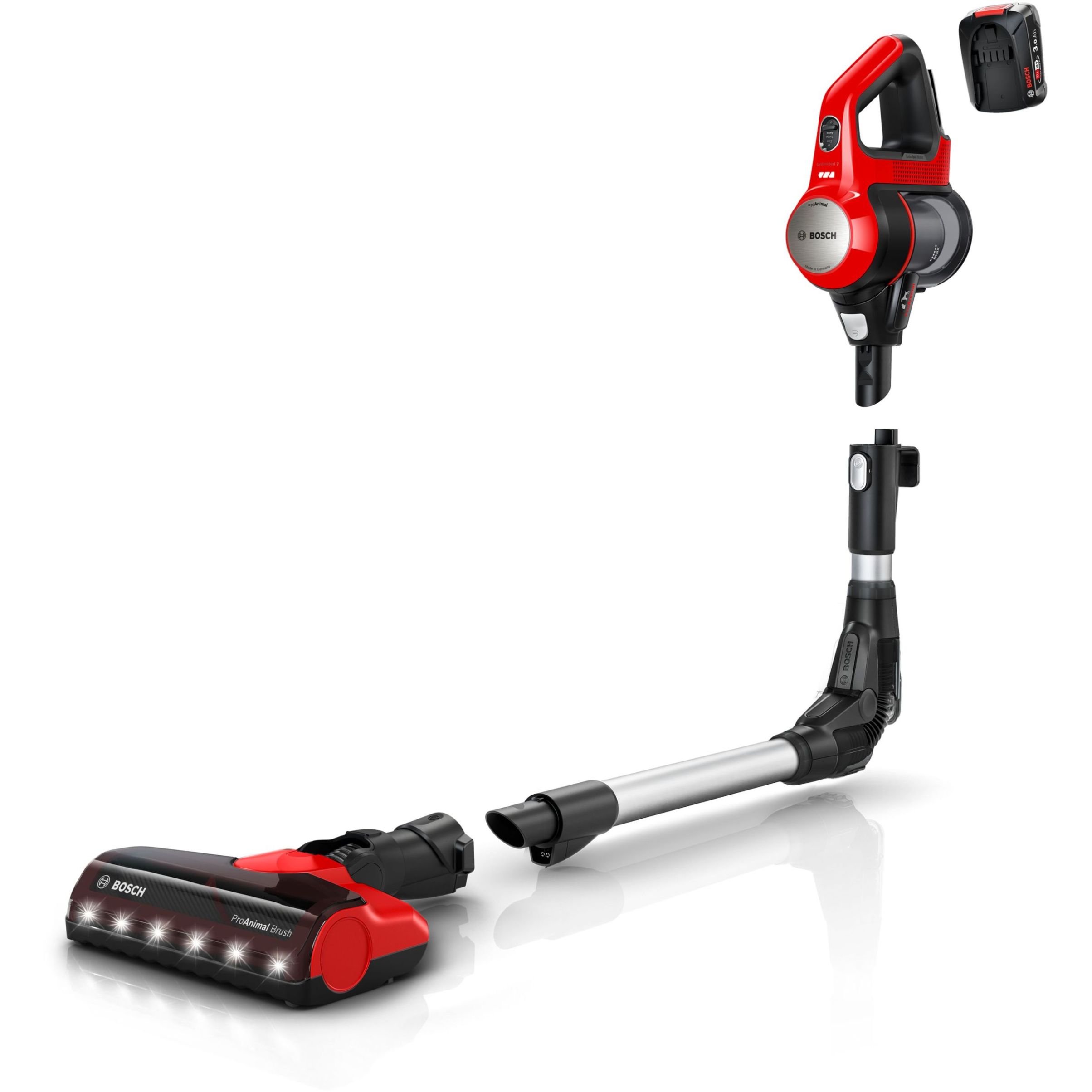 Aspirator vertical BOSCH Serie 7 Unlimited ProAnimal BCS711PET, TurboSpin (3 trepte, Turbo), Acumulator Li-Ion 18V 3A, Praf 0.30l, Perie LED ProAnimal, QuickStand, Nozzle Foot Release, G2.90kg, Tornado Red