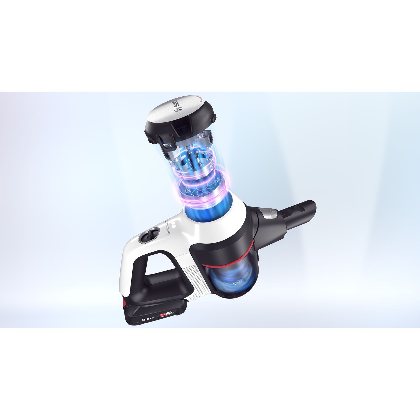 Aspirator vertical BOSCH Serie 7 Unlimited BCS711XXL, TurboSpin (3 trepte, Turbo), Acumulator Li-Ion 18V 3A, Praf 0.30l, Perie LED AllFloor DynamicPower, QuickStand, Nozzle Foot Release, G2.90kg, Polar White