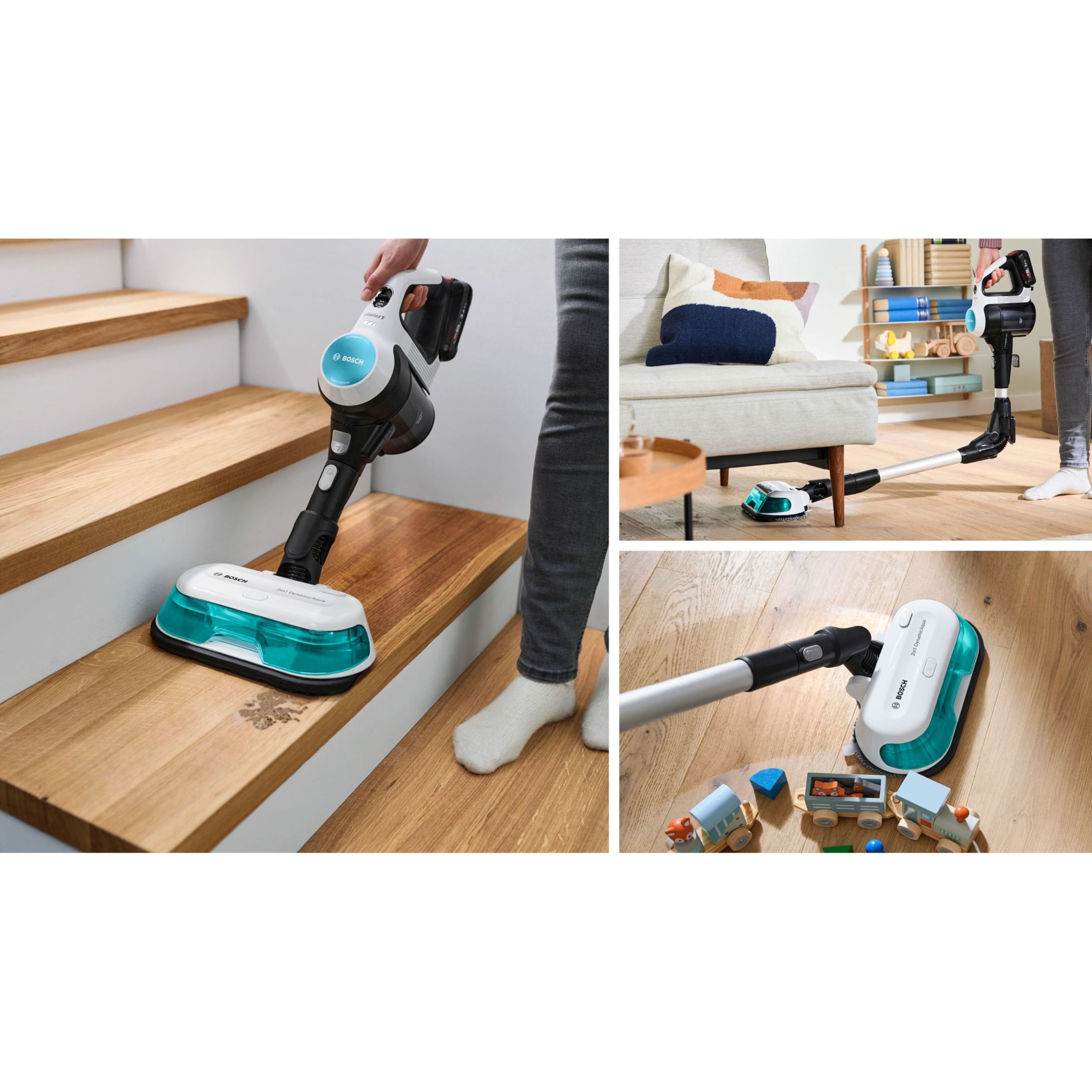 Aspirator vertical BOSCH Serie 7 Unlimited ProHygienic Aqua BCS71HYG3, TurboSpin (3 trepte, Turbo), Acumulator Li-Ion 18V 3A, Praf 0.30l, Funcție mop, Perie DynamicAqua 2în1, Lavete microfibră, G2.90kg, Alb