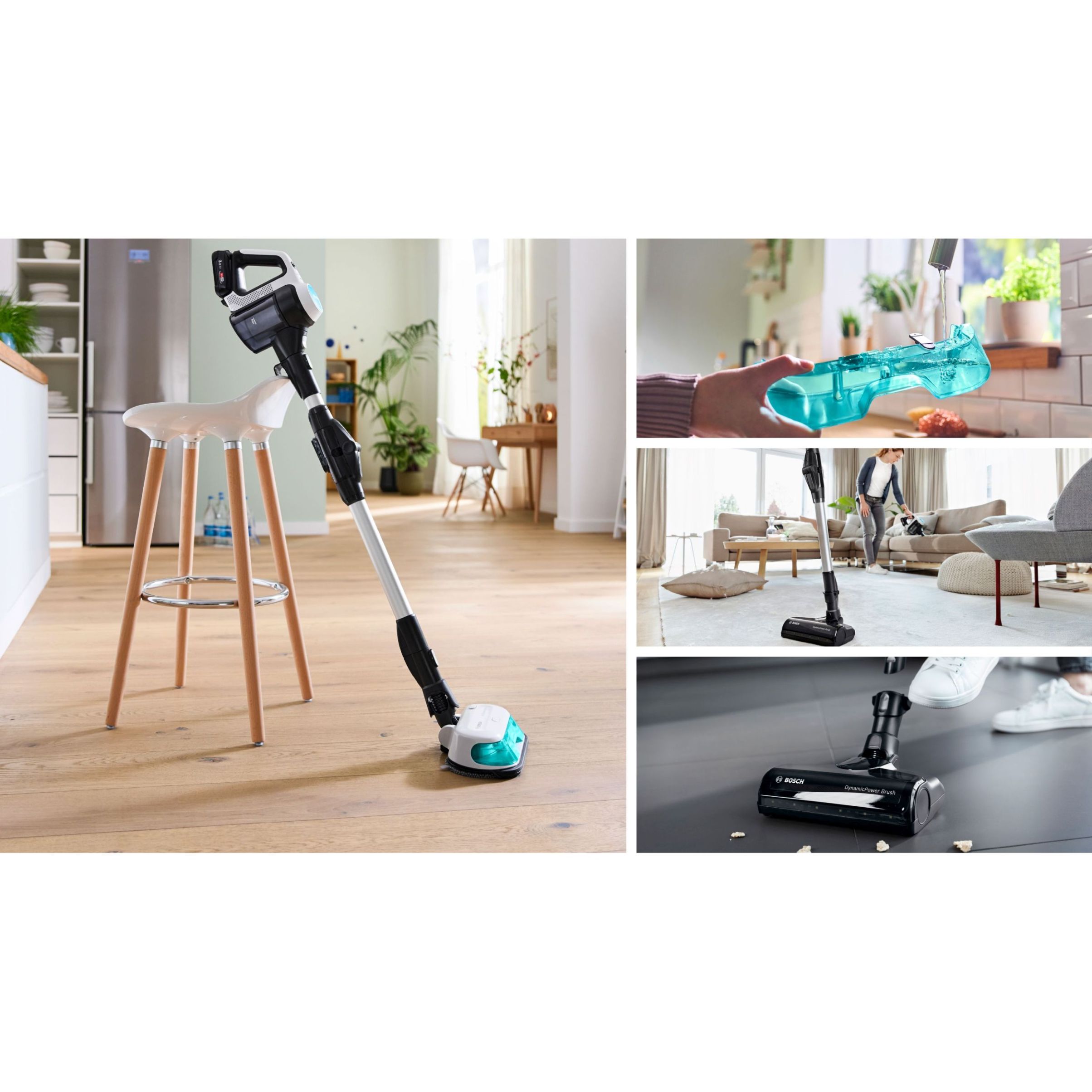 Aspirator vertical BOSCH Serie 7 Unlimited ProHygienic Aqua BCS71HYG3, TurboSpin (3 trepte, Turbo), Acumulator Li-Ion 18V 3A, Praf 0.30l, Funcție mop, Perie DynamicAqua 2în1, Lavete microfibră, G2.90kg, Alb