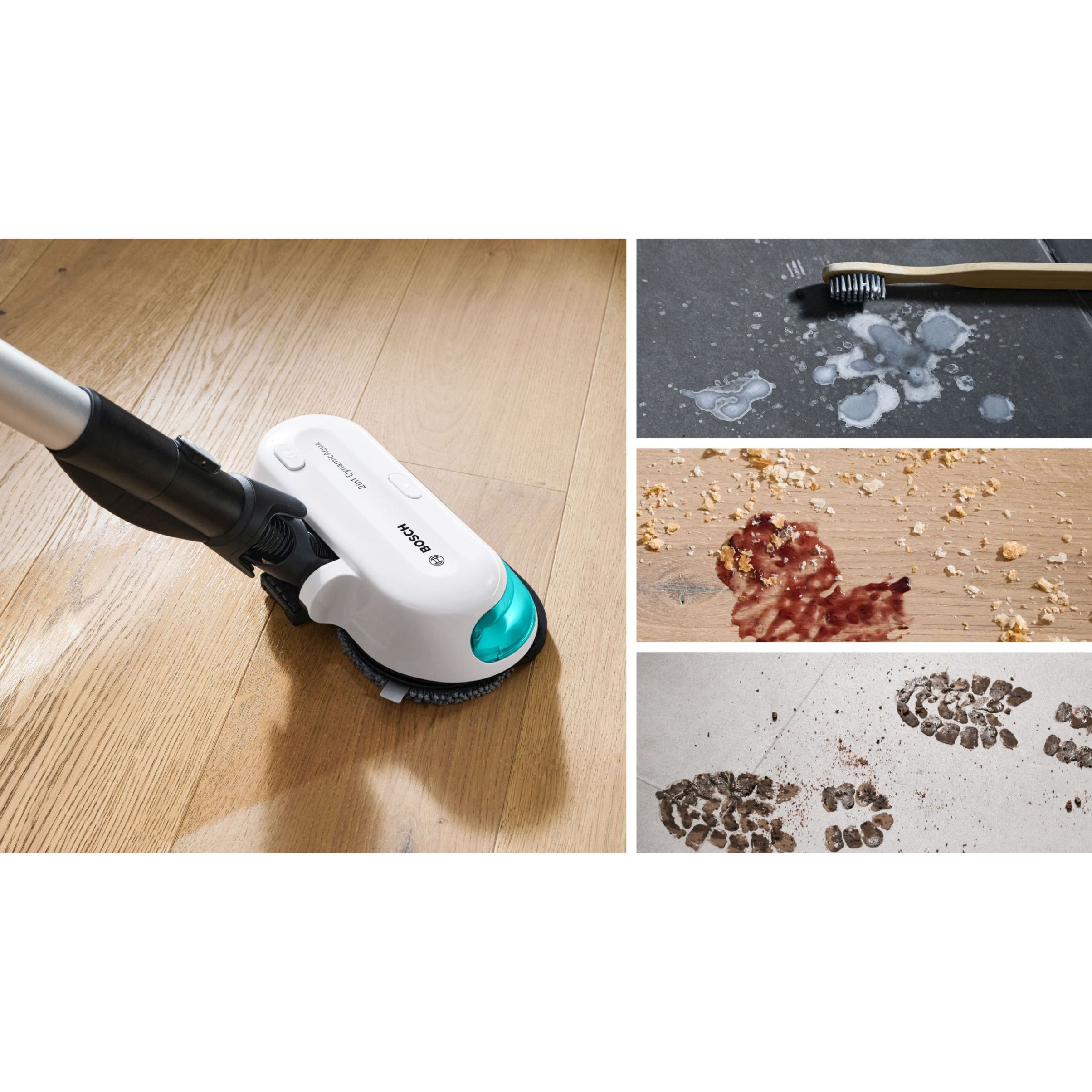 Aspirator vertical BOSCH Serie 7 Unlimited ProHygienic Aqua BCS71HYG3, TurboSpin (3 trepte, Turbo), Acumulator Li-Ion 18V 3A, Praf 0.30l, Funcție mop, Perie DynamicAqua 2în1, Lavete microfibră, G2.90kg, Alb