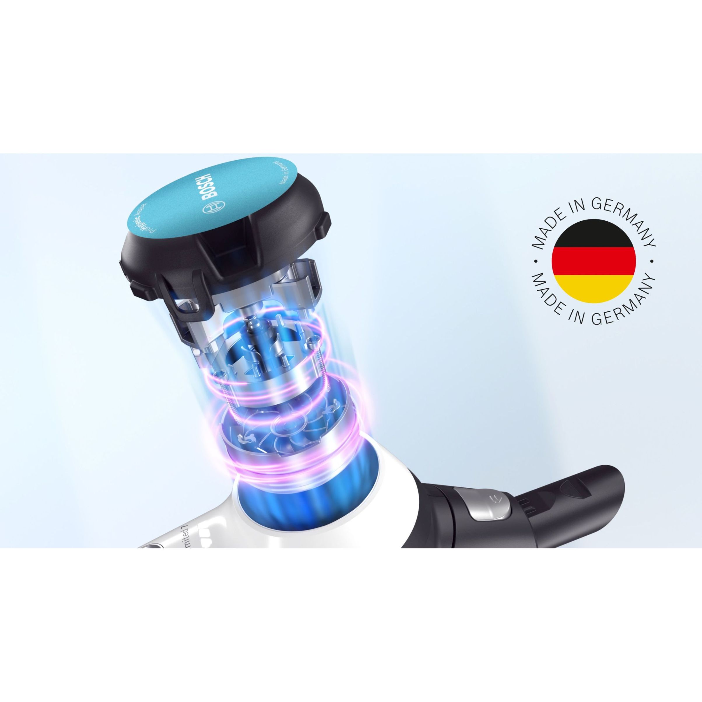 Aspirator vertical BOSCH Serie 7 Unlimited ProHygienic Aqua BCS71HYG3, TurboSpin (3 trepte, Turbo), Acumulator Li-Ion 18V 3A, Praf 0.30l, Funcție mop, Perie DynamicAqua 2în1, Lavete microfibră, G2.90kg, Alb