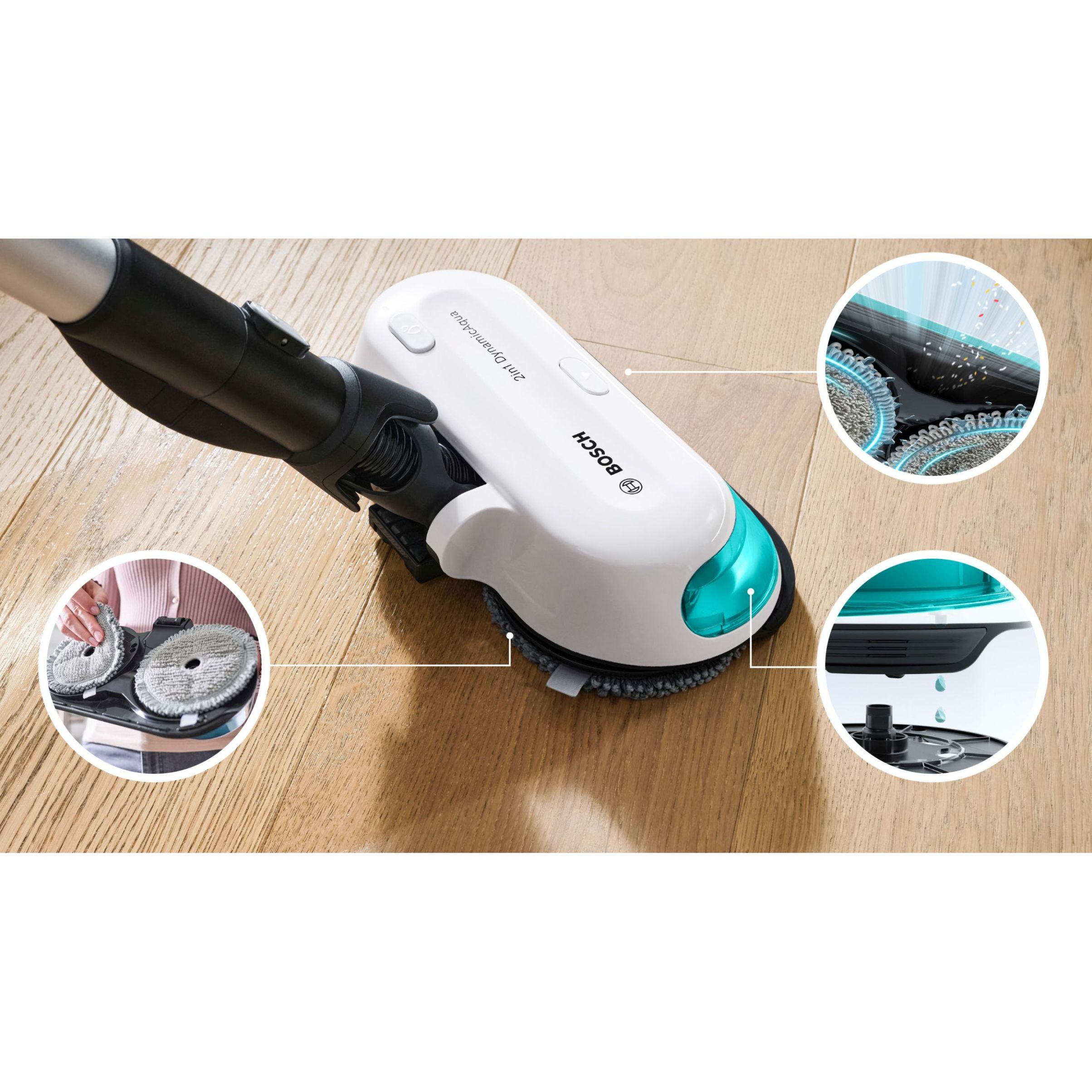 Aspirator vertical BOSCH Serie 7 Unlimited ProHygienic Aqua BCS71HYG2, TurboSpin (3 trepte, Turbo), Acumulator Li-Ion 18V 3A, Praf 0.30l, Funcție mop, Perie DynamicAqua 2în1, Lavete microfibră, G2.90kg, Alb