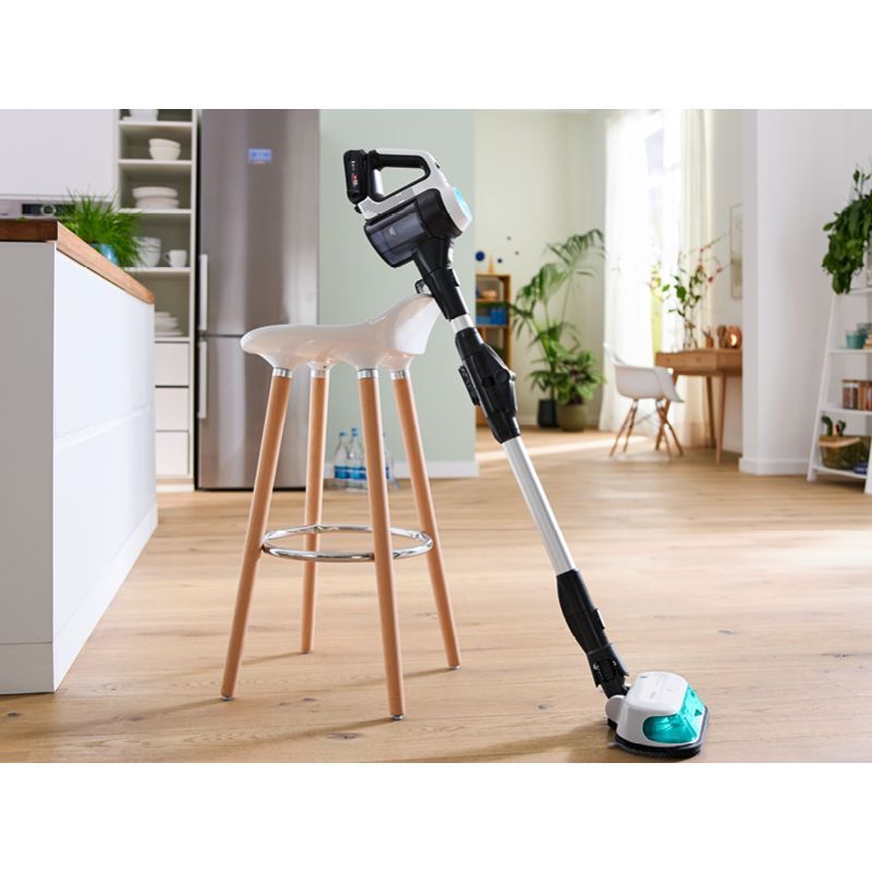 Aspirator vertical BOSCH Serie 7 Unlimited ProHygienic Aqua BCS71HYG2, TurboSpin (3 trepte, Turbo), Acumulator Li-Ion 18V 3A, Praf 0.30l, Funcție mop, Perie DynamicAqua 2în1, Lavete microfibră, G2.90kg, Alb