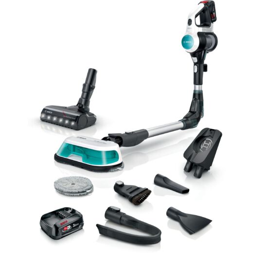 Aspirator vertical BOSCH Serie 7 Unlimited ProHygienic Aqua BCS712HYG5  TurboSpin (3 trepte  Turbo)  2x Acumulator Li-Ion 18V 3A  Praf 0.30l  Funcție mop  Perie DynamicAqua 2în1  Lavete microfibră  G2.90kg  Alb