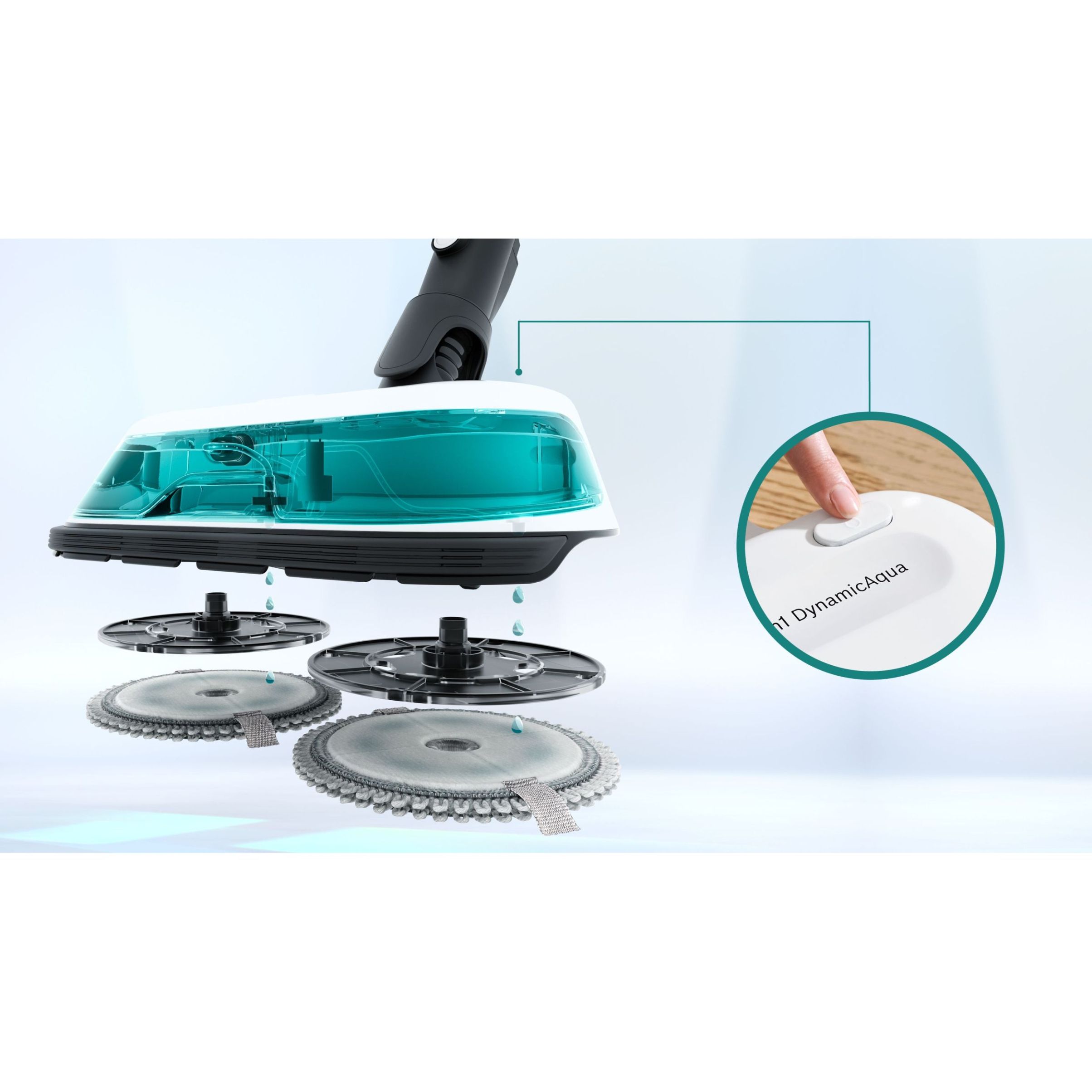 Aspirator vertical BOSCH Serie 7 Unlimited ProHygienic Aqua BCS712HYG5, TurboSpin (3 trepte, Turbo), 2x Acumulator Li-Ion 18V 3A, Praf 0.30l, Funcție mop, Perie DynamicAqua 2în1, Lavete microfibră, G2.90kg, Alb