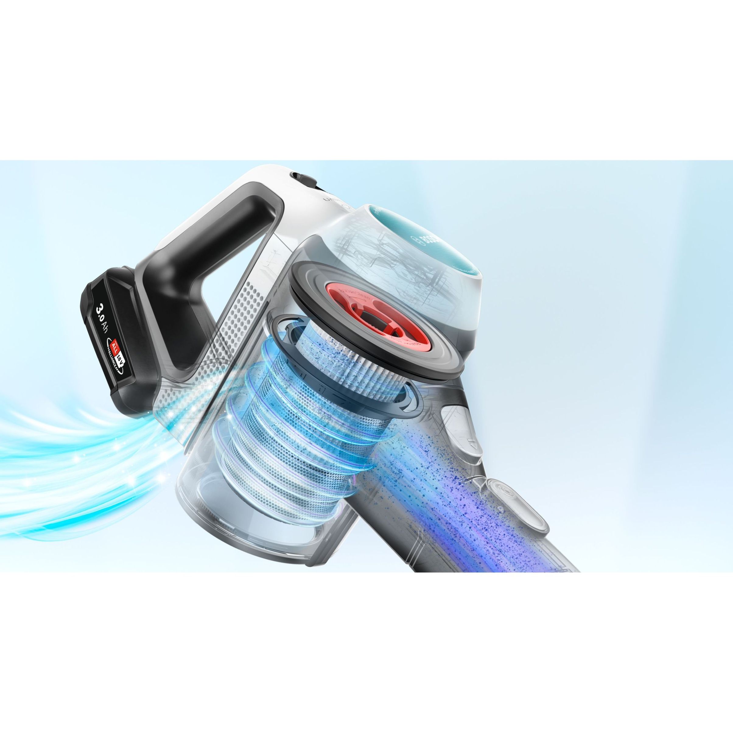 Aspirator vertical BOSCH Serie 7 Unlimited ProHygienic Aqua BCS712HYG5, TurboSpin (3 trepte, Turbo), 2x Acumulator Li-Ion 18V 3A, Praf 0.30l, Funcție mop, Perie DynamicAqua 2în1, Lavete microfibră, G2.90kg, Alb