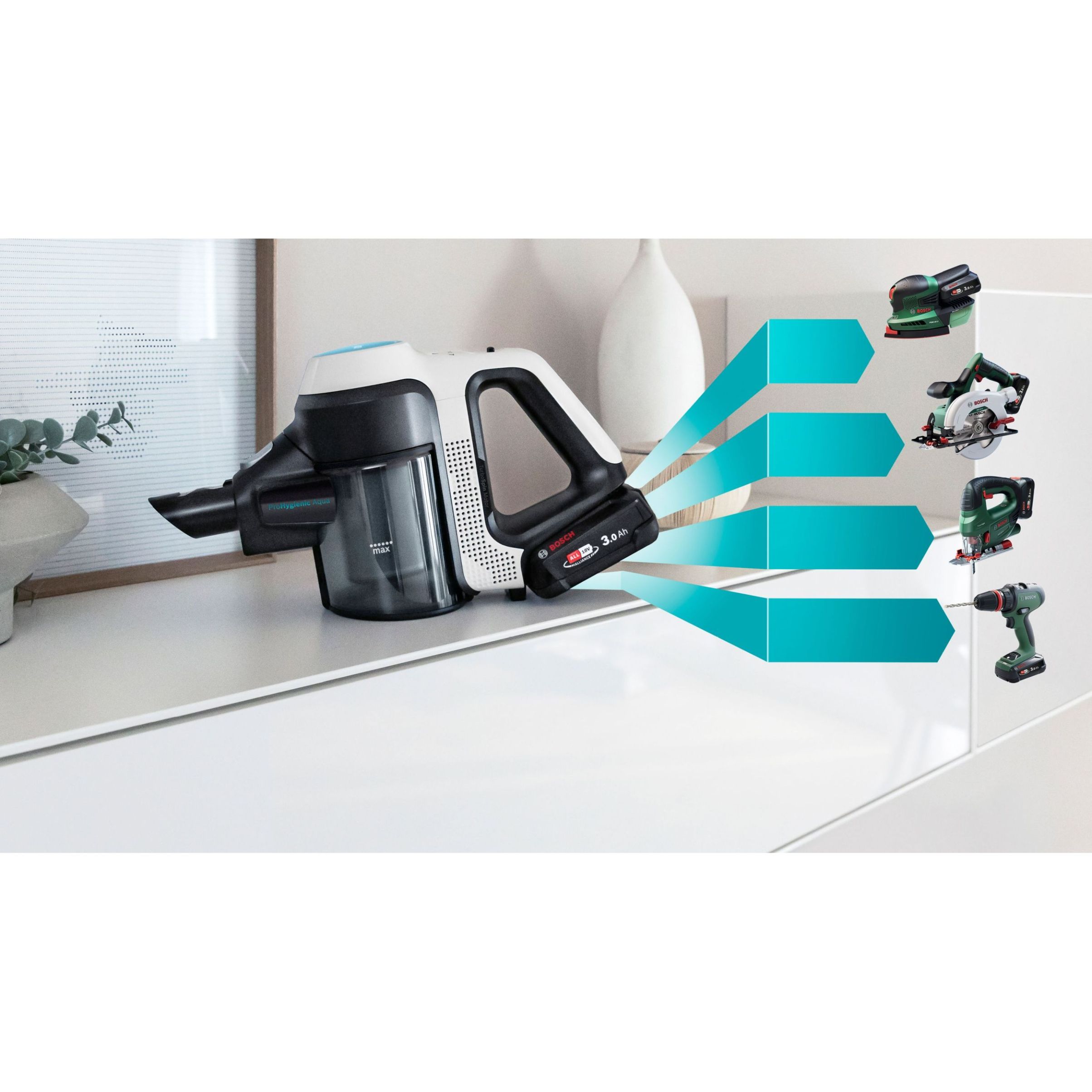 Aspirator vertical BOSCH Serie 7 Unlimited ProHygienic Aqua BCS712HYG5, TurboSpin (3 trepte, Turbo), 2x Acumulator Li-Ion 18V 3A, Praf 0.30l, Funcție mop, Perie DynamicAqua 2în1, Lavete microfibră, G2.90kg, Alb