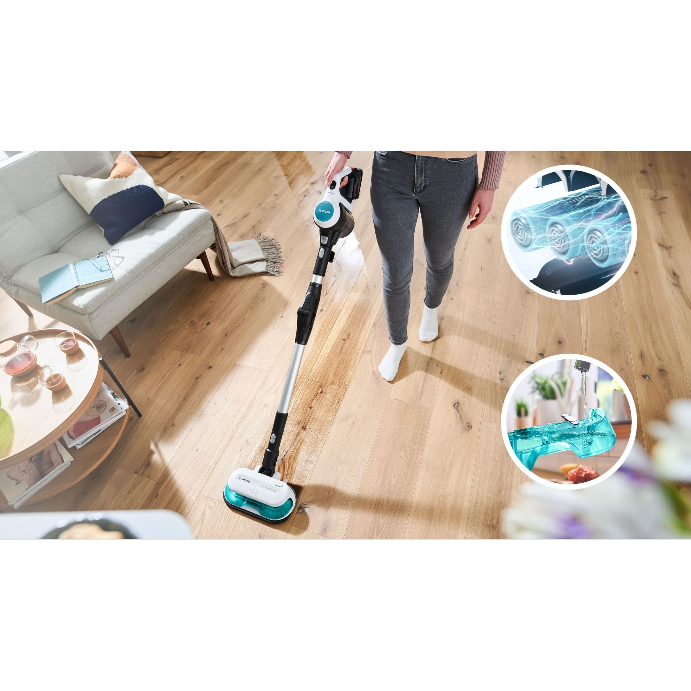 Aspirator vertical BOSCH Serie 7 Unlimited ProHygienic Aqua BCS712HYG5, TurboSpin (3 trepte, Turbo), 2x Acumulator Li-Ion 18V 3A, Praf 0.30l, Funcție mop, Perie DynamicAqua 2în1, Lavete microfibră, G2.90kg, Alb