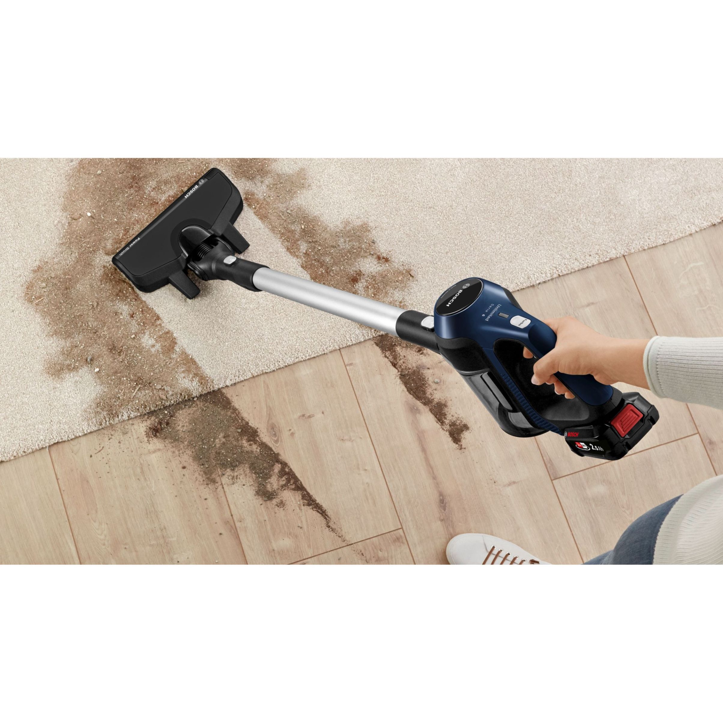 Aspirator vertical BOSCH Serie 6 Unlimited BBS611MAT, Uz Dry, 2 trepte, 1 acc. li-Ion 18V (uz 30min, reînc. 4h), Praf 0.3l, Perie electrică AllFloor Power, Motor DigitalSpin, 2.3kg, Moonlight Blue