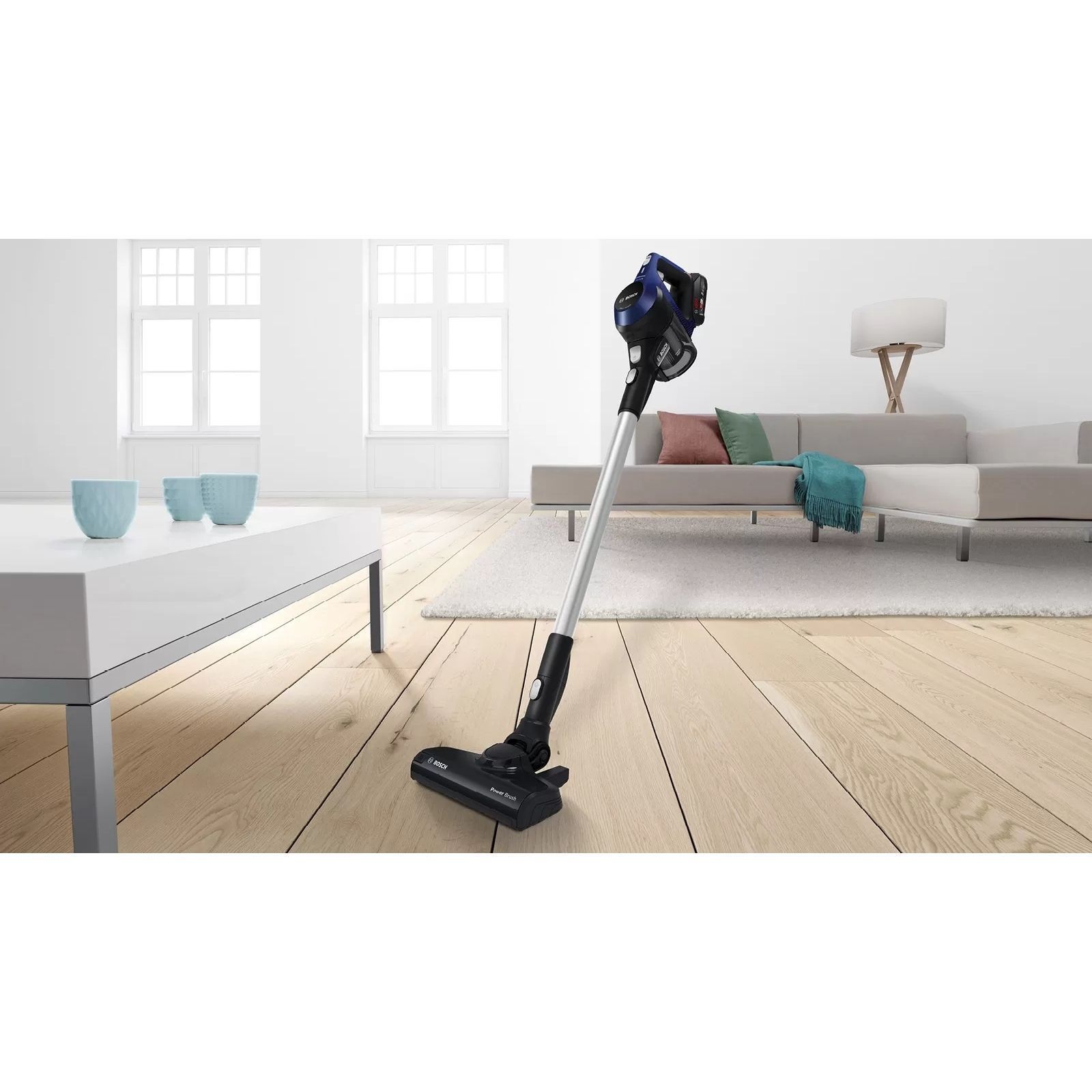 Aspirator vertical BOSCH Serie 6 Unlimited BBS611MAT, Uz Dry, 2 trepte, 1 acc. li-Ion 18V (uz 30min, reînc. 4h), Praf 0.3l, Perie electrică AllFloor Power, Motor DigitalSpin, 2.3kg, Moonlight Blue