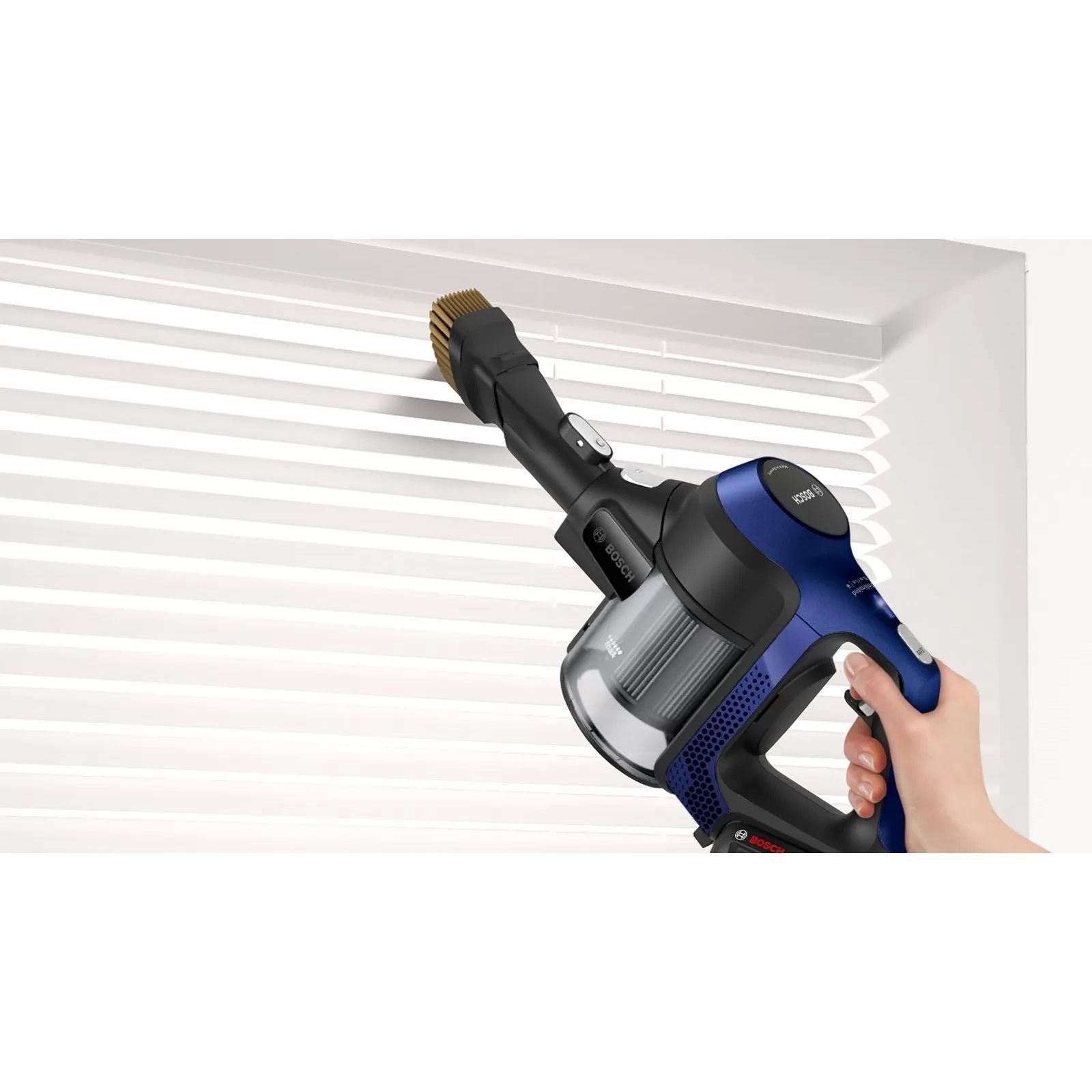 Aspirator vertical BOSCH Serie 6 Unlimited BBS611MAT, Uz Dry, 2 trepte, 1 acc. li-Ion 18V (uz 30min, reînc. 4h), Praf 0.3l, Perie electrică AllFloor Power, Motor DigitalSpin, 2.3kg, Moonlight Blue