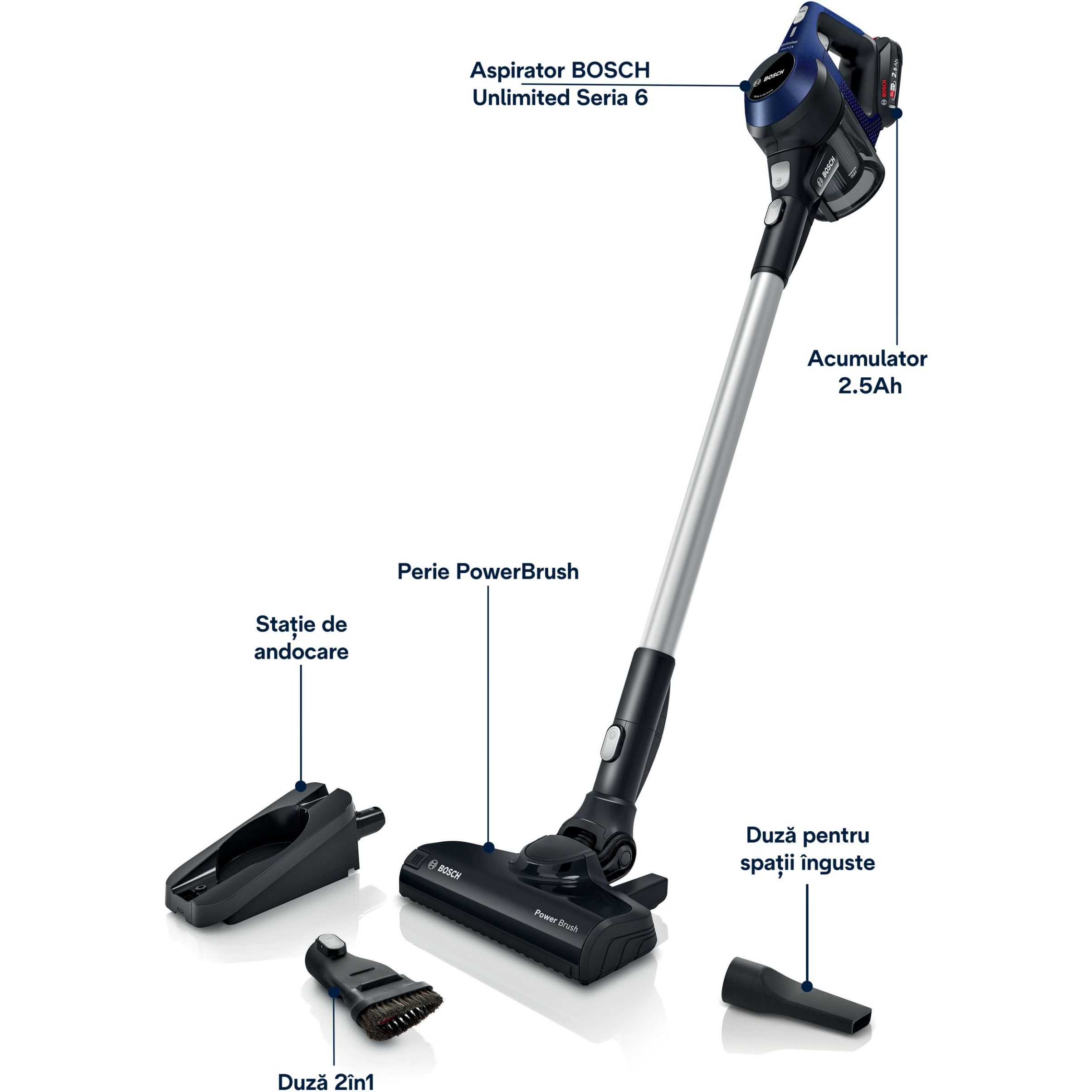 Aspirator vertical BOSCH Serie 6 Unlimited BCS611P4A, Moonlight Blue