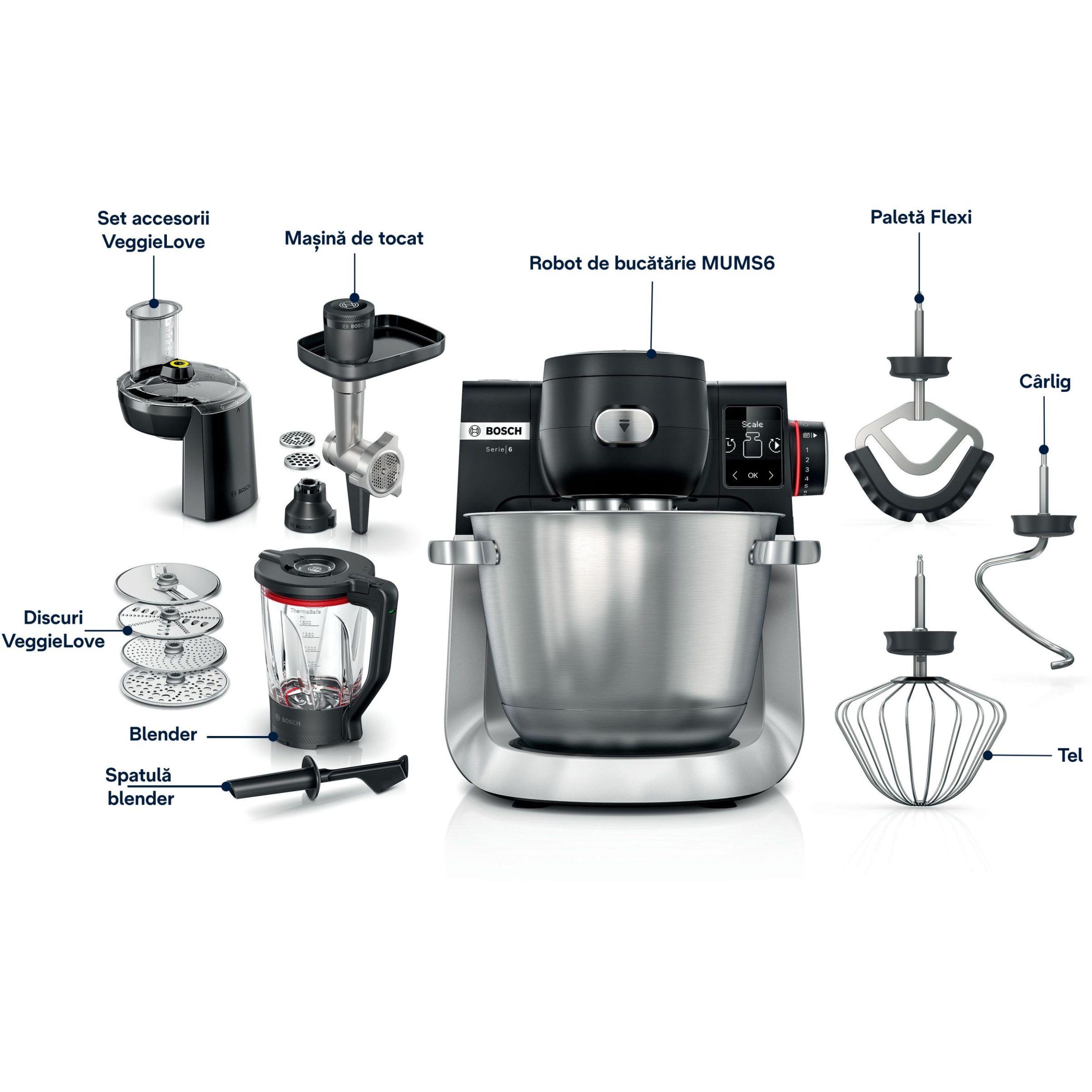 Robot de bucătărie planetar BOSCH Serie 6 MUMS6 Scale MUMS6ZS34, 1600W (7 trepte, Pulse), Bol inox șlefuit 5.5l cu mânere, Set patiserie, Cântar, Cronometru, SoftStart, AirCooling, G7.83kg, Matte Jet Black