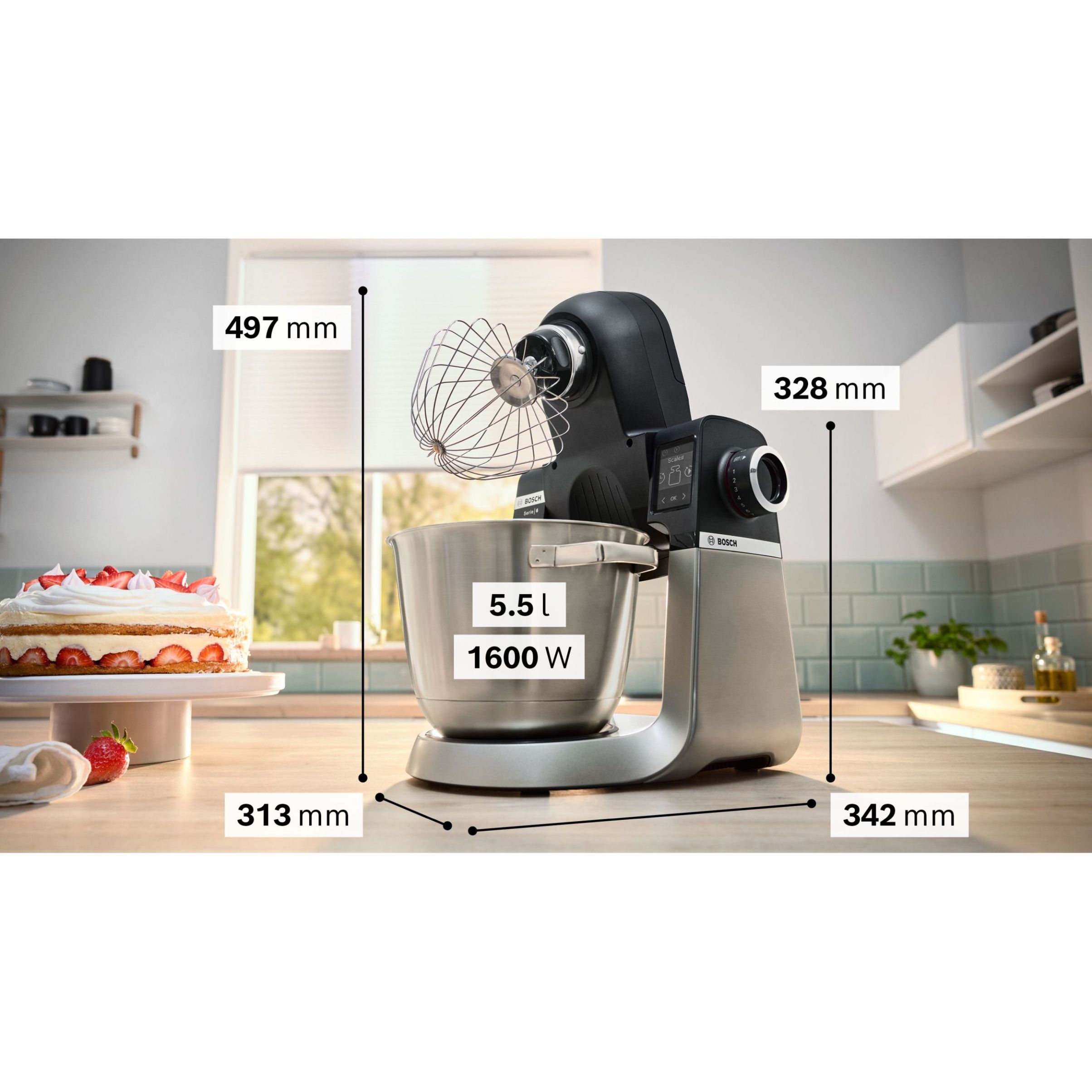 Robot de bucătărie planetar BOSCH Serie 6 MUMS6 Scale MUMS6ZS34, 1600W (7 trepte, Pulse), Bol inox șlefuit 5.5l cu mânere, Set patiserie, Cântar, Cronometru, SoftStart, AirCooling, G7.83kg, Matte Jet Black