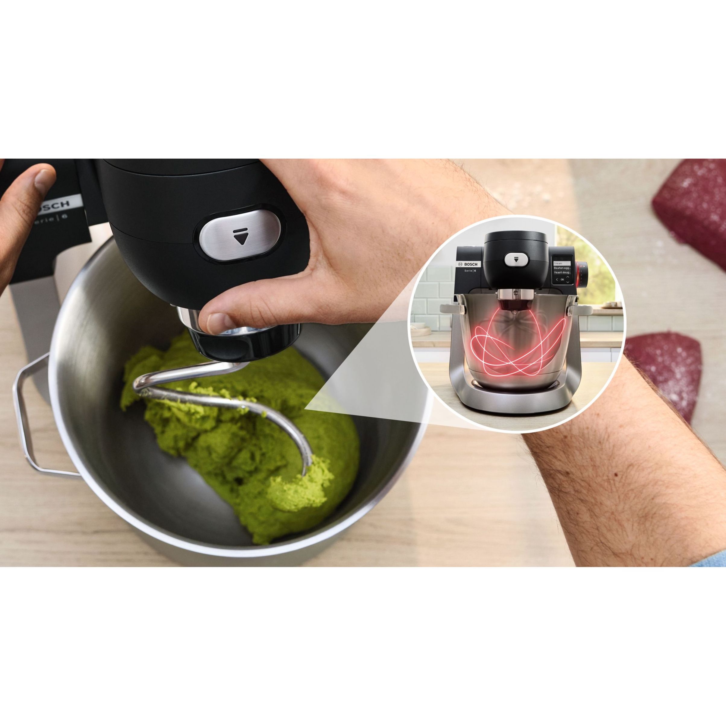 Robot de bucătărie planetar BOSCH Serie 6 MUMS6 Scale MUMS6ZS17, 1600W (7 trepte, Pulse), Bol inox șlefuit 5.5l cu mânere, Set patiserie, Cântar, Cronometru, SoftStart, AirCooling, G7.83kg, Matte Jet Black